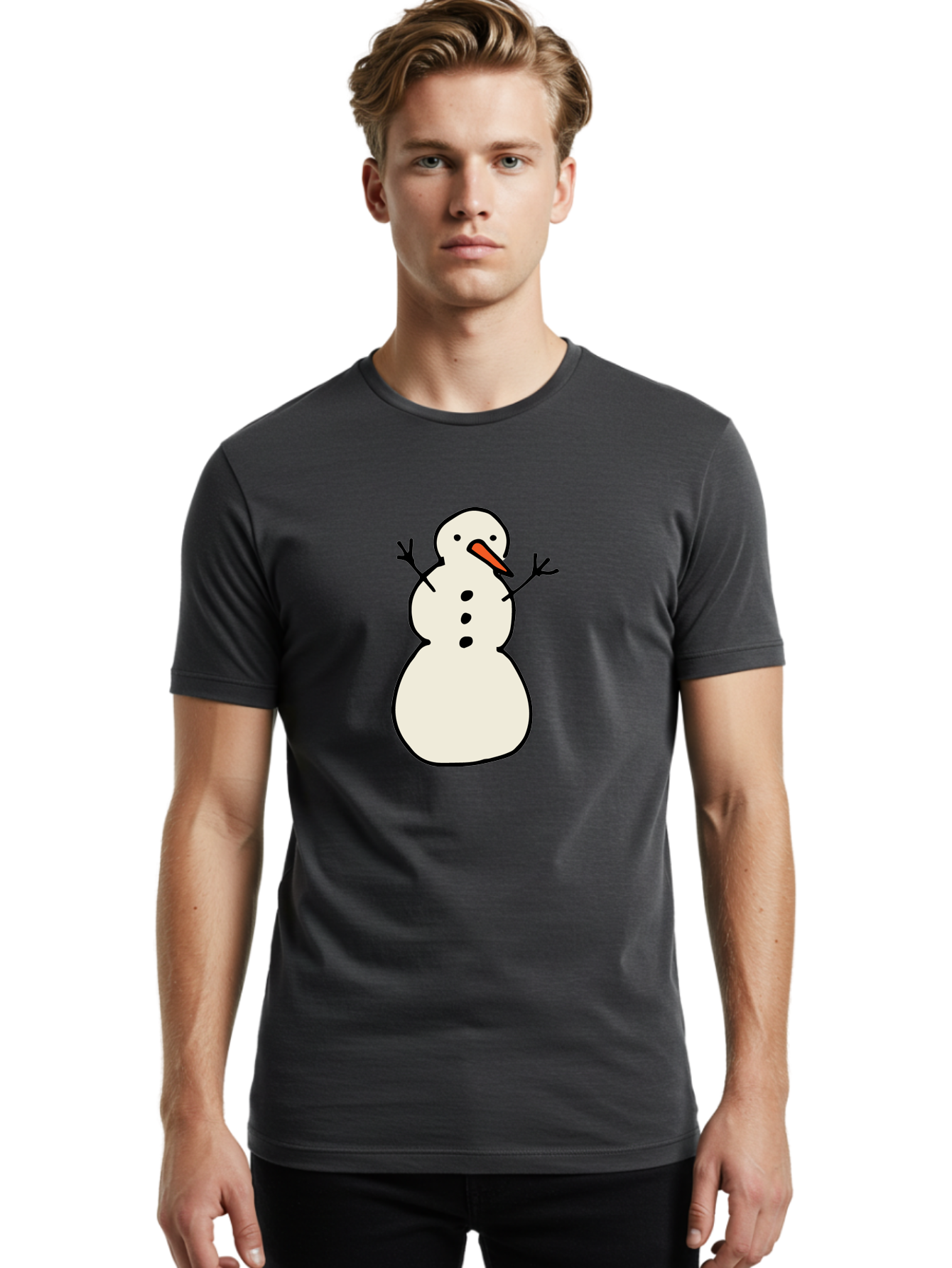 Snowman-1 Men'S Graphic Tee, 100% Cotton, Comfortable Casual Summer Wear, Machine Washable, Cartoon Snowman, White Snowman, Orange Nose, Black Dots, Winter Character, Festive Figure, Snowball Body, Simple Design, Cute Illustration, Aab124 8