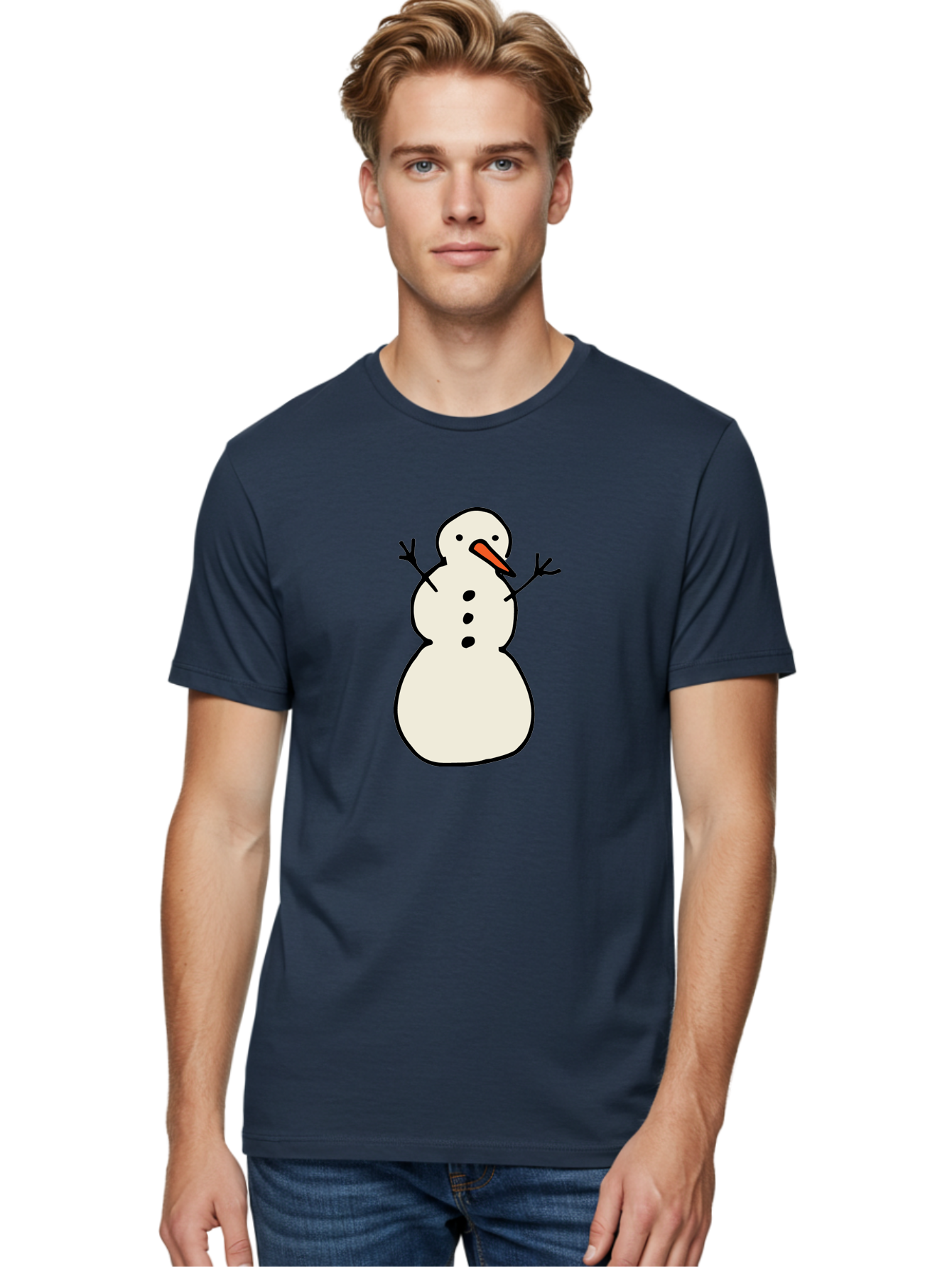 Snowman-1 Men'S Graphic Tee, 100% Cotton, Comfortable Casual Summer Wear, Machine Washable, Cartoon Snowman, White Snowman, Orange Nose, Black Dots, Winter Character, Festive Figure, Snowball Body, Simple Design, Cute Illustration, Aab124 20