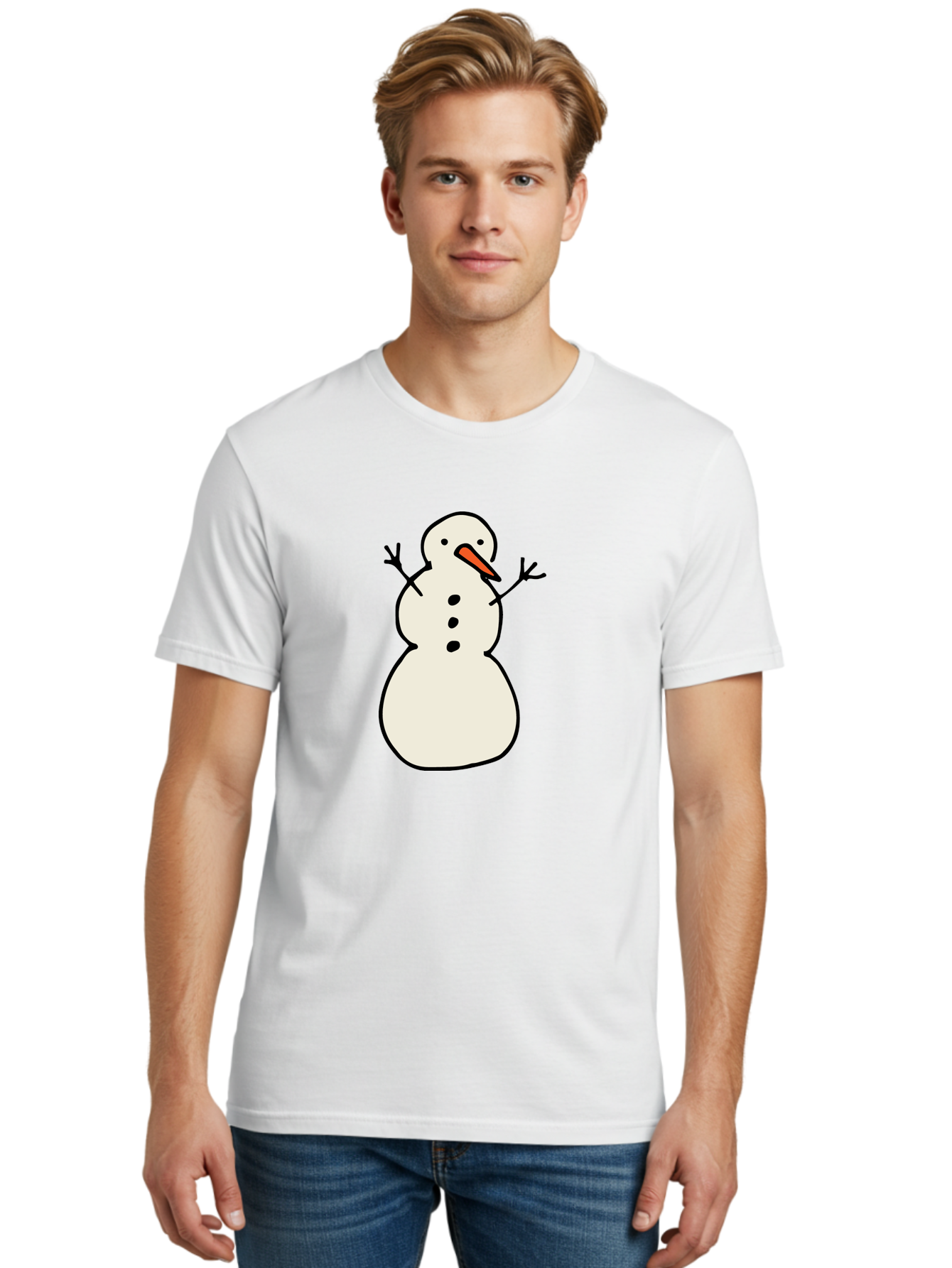 Snowman-1 Men'S Graphic Tee, 100% Cotton, Comfortable Casual Summer Wear, Machine Washable, Cartoon Snowman, White Snowman, Orange Nose, Black Dots, Winter Character, Festive Figure, Snowball Body, Simple Design, Cute Illustration, Aab124 30