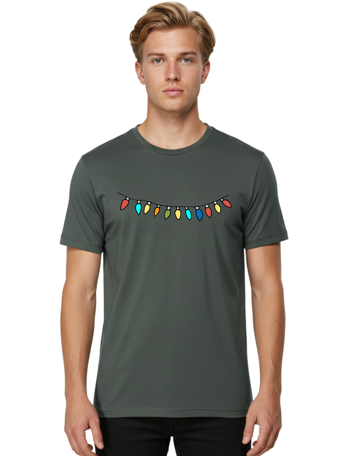 String-Lights Men'S Graphic Tee, 100% Cotton, Comfortable Casual Summer Wear, Machine Washable, String Of Christmas Lights, Festive Decorations, Holiday Decor, Colorful Lights, Christmas Celebration, Winter Wonderland, Festive Atmosphere Aab139 6