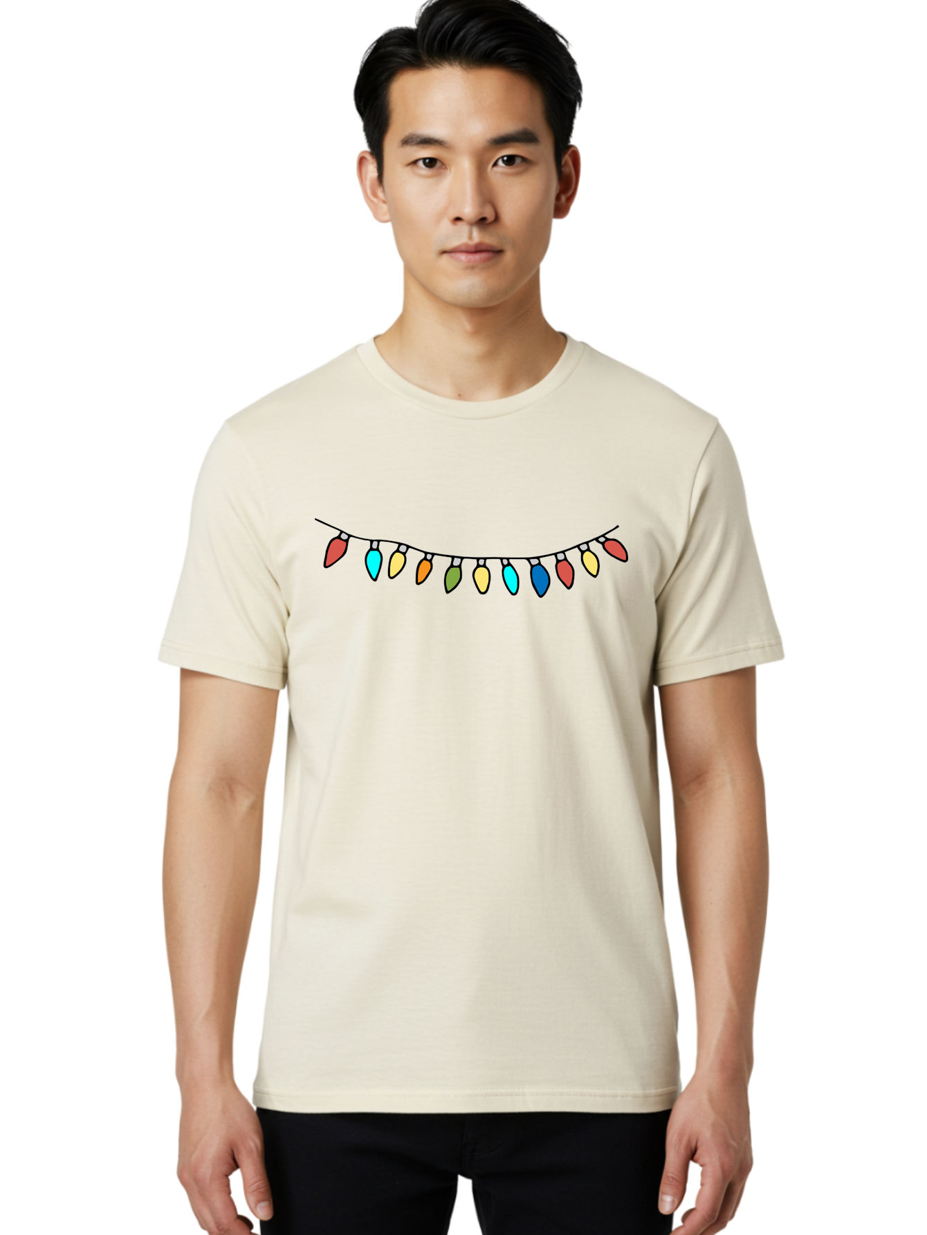 String-Lights Men'S Graphic Tee, 100% Cotton, Comfortable Casual Summer Wear, Machine Washable, String Of Christmas Lights, Festive Decorations, Holiday Decor, Colorful Lights, Christmas Celebration, Winter Wonderland, Festive Atmosphere Aab139 4