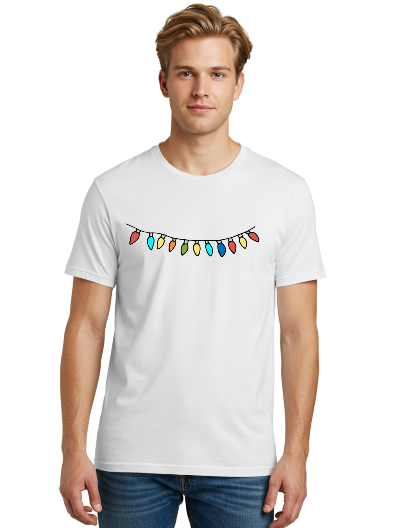 String-Lights Men'S Graphic Tee, 100% Cotton, Comfortable Casual Summer Wear, Machine Washable, String Of Christmas Lights, Festive Decorations, Holiday Decor, Colorful Lights, Christmas Celebration, Winter Wonderland, Festive Atmosphere Aab139 12