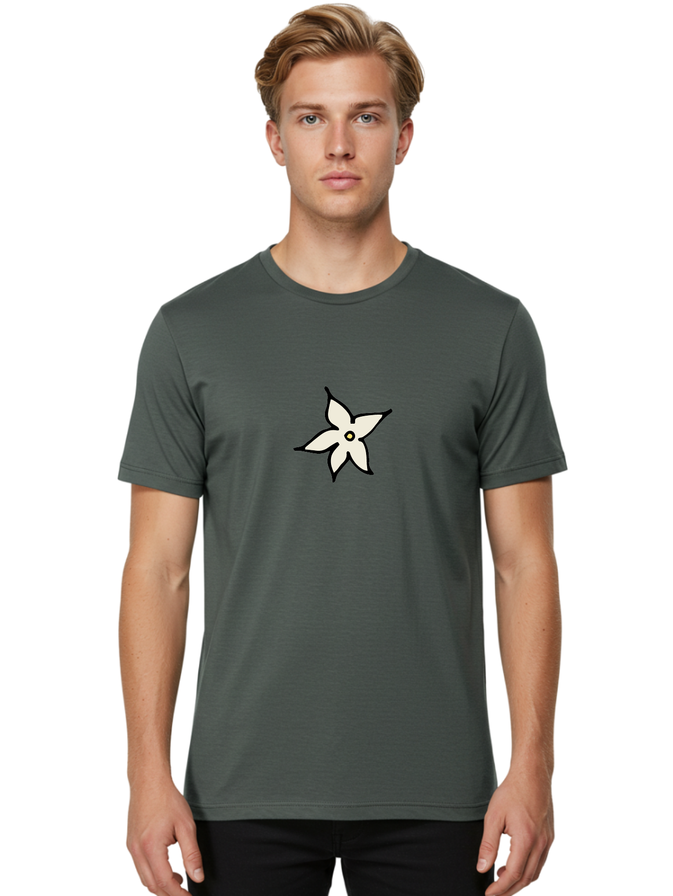 White-Flower-2 Men'S Graphic Tee, 100% Cotton, Comfortable Casual Summer Wear, Machine Washable, White Flower, Simple Design, Minimalist Art, Five Petals, Black Outline, Yellow Center, Delicate Illustration, Floral Motif Aab161 20