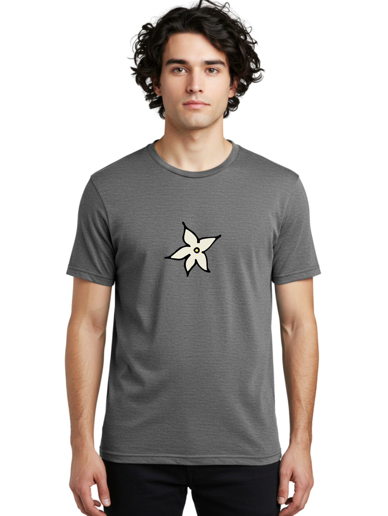 White-Flower-2 Men'S Graphic Tee, 100% Cotton, Comfortable Casual Summer Wear, Machine Washable, White Flower, Simple Design, Minimalist Art, Five Petals, Black Outline, Yellow Center, Delicate Illustration, Floral Motif Aab161 10