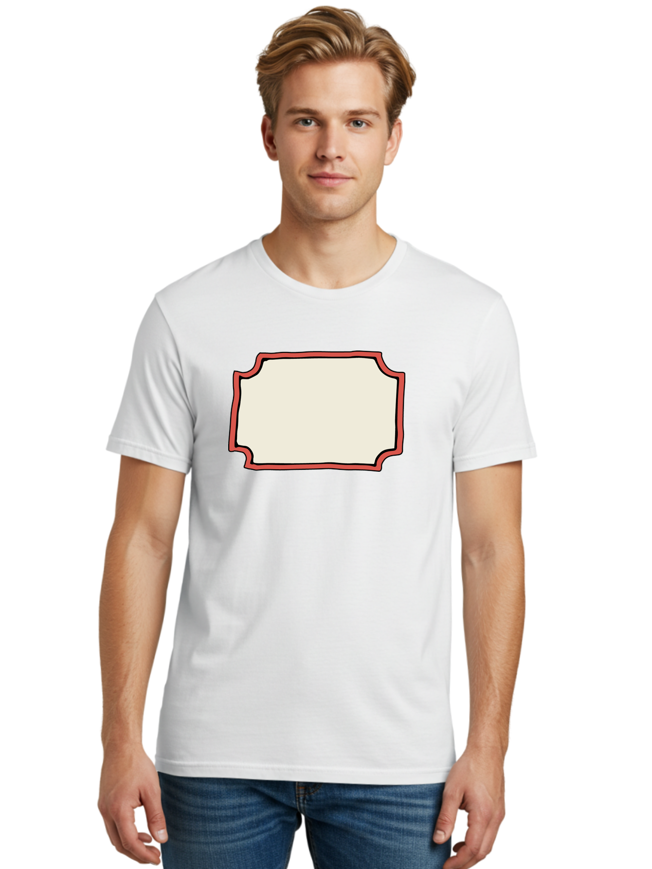White-Label Men'S Graphic Tee, 100% Cotton, Comfortable Casual Summer Wear, Machine Washable, Blank Sign, Empty Sign, Red Border, White Background, Simple Design, Graphic Element, Customizable Template, Placeholder Text, Signage Mockup Aab163 4