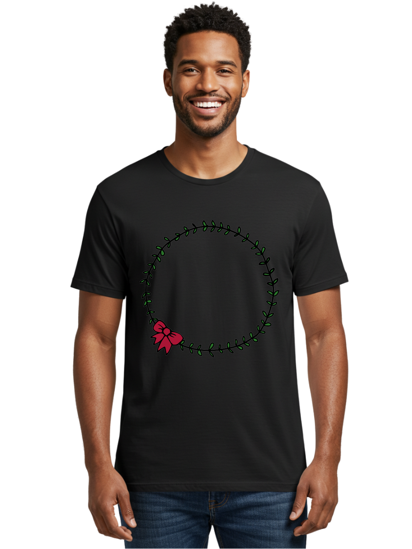 Wreath-With-Bow Men'S Graphic Tee, 100% Cotton, Comfortable Casual Summer Wear, Machine Washable, Floral Wreath, Circular Frame, Red Bow, Black Leaves, Decorative Border, Elegant Design, Minimalist Style, Festive Atmosphere Aab177 6