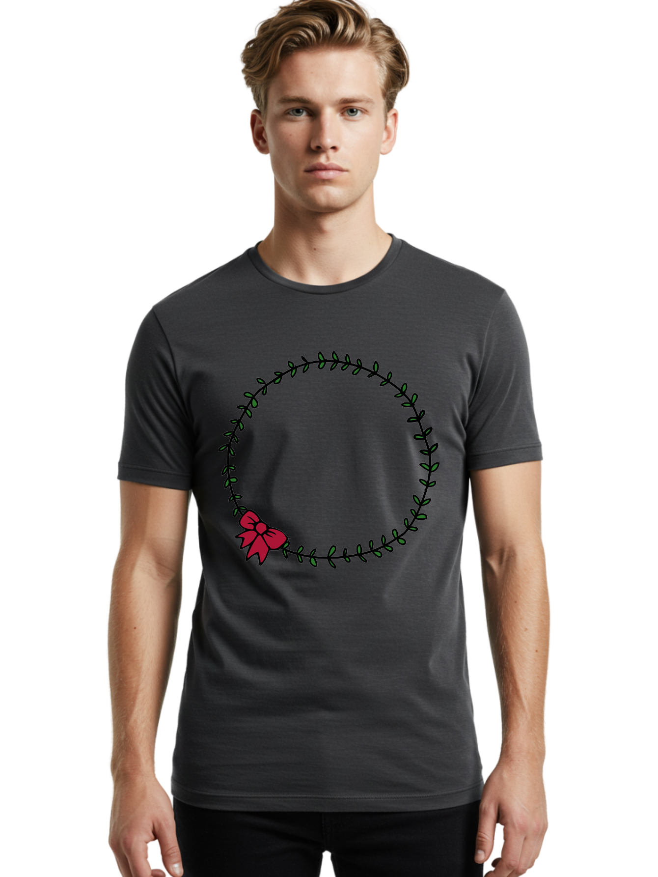Wreath-With-Bow Men'S Graphic Tee, 100% Cotton, Comfortable Casual Summer Wear, Machine Washable, Floral Wreath, Circular Frame, Red Bow, Black Leaves, Decorative Border, Elegant Design, Minimalist Style, Festive Atmosphere Aab177 30