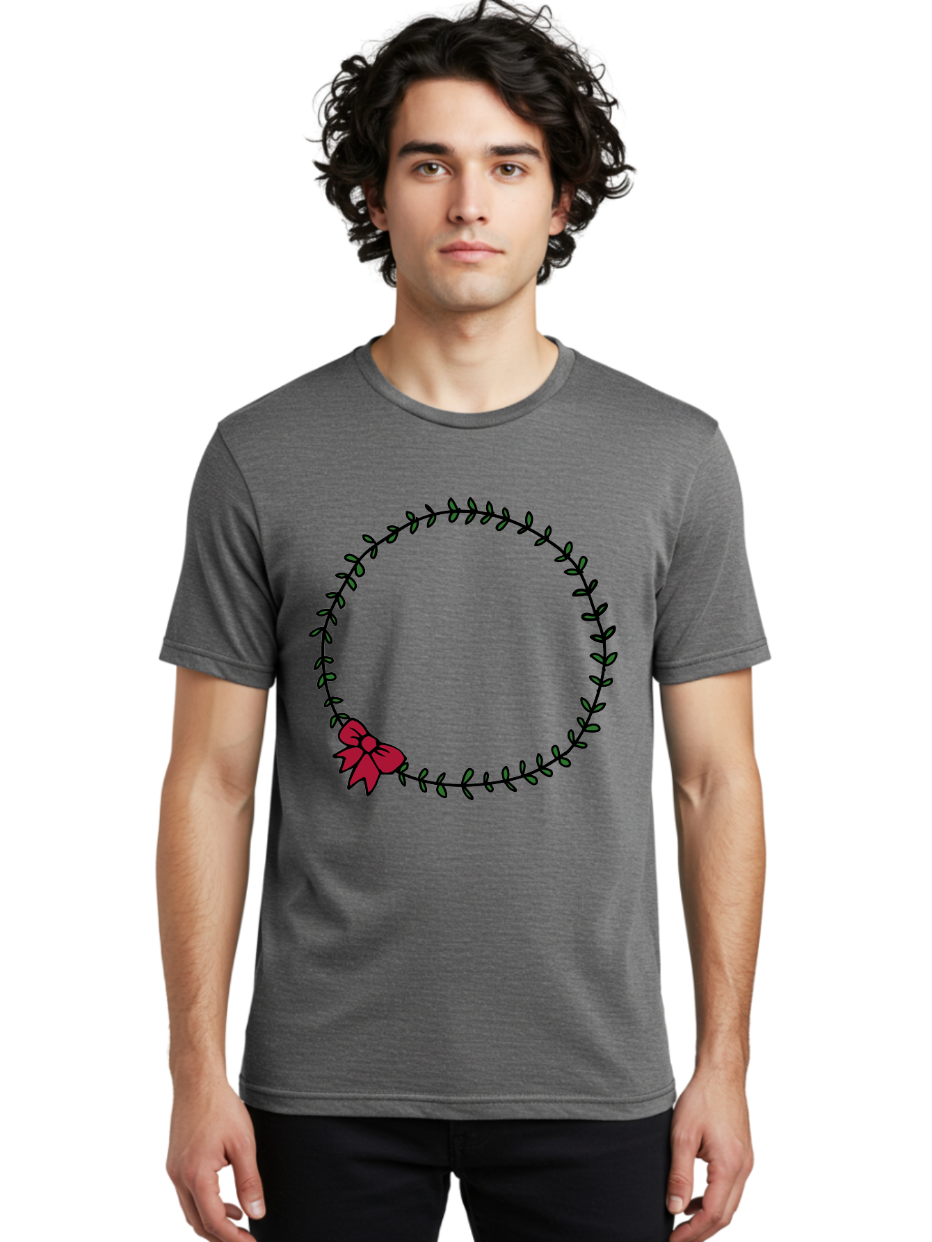 Wreath-With-Bow Men'S Graphic Tee, 100% Cotton, Comfortable Casual Summer Wear, Machine Washable, Floral Wreath, Circular Frame, Red Bow, Black Leaves, Decorative Border, Elegant Design, Minimalist Style, Festive Atmosphere Aab177 16