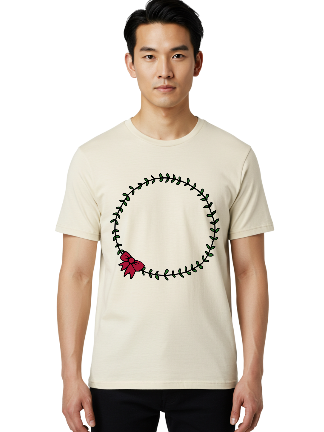 Wreath-With-Bow Men'S Graphic Tee, 100% Cotton, Comfortable Casual Summer Wear, Machine Washable, Floral Wreath, Circular Frame, Red Bow, Black Leaves, Decorative Border, Elegant Design, Minimalist Style, Festive Atmosphere Aab177 22