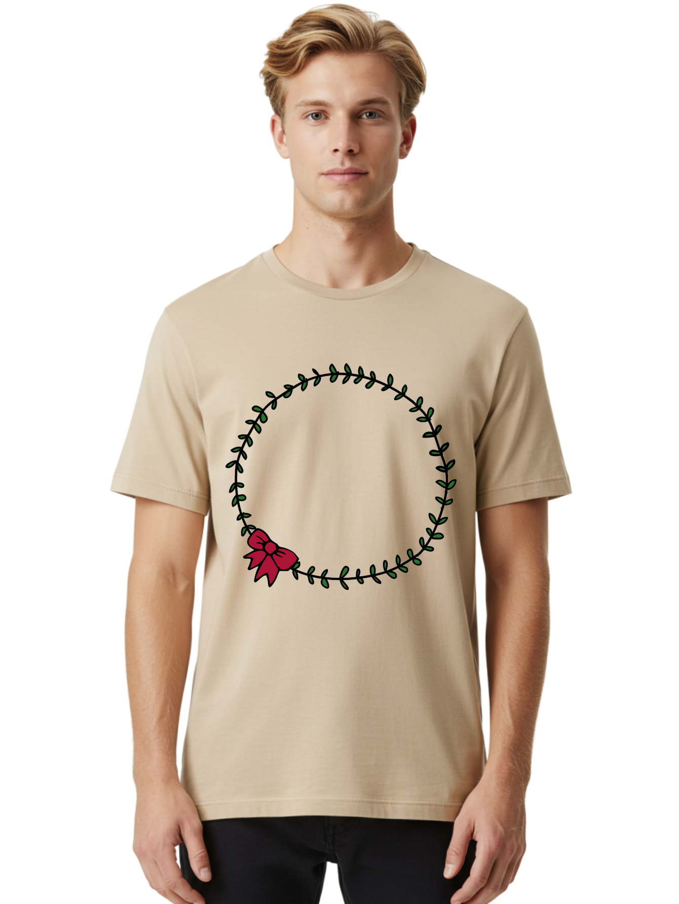 Wreath-With-Bow Men'S Graphic Tee, 100% Cotton, Comfortable Casual Summer Wear, Machine Washable, Floral Wreath, Circular Frame, Red Bow, Black Leaves, Decorative Border, Elegant Design, Minimalist Style, Festive Atmosphere Aab177 14