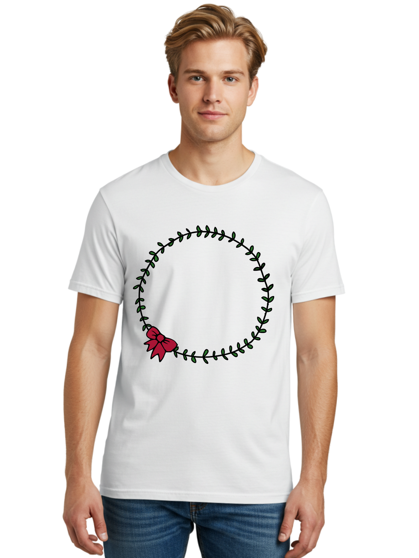 Wreath-With-Bow Men'S Graphic Tee, 100% Cotton, Comfortable Casual Summer Wear, Machine Washable, Floral Wreath, Circular Frame, Red Bow, Black Leaves, Decorative Border, Elegant Design, Minimalist Style, Festive Atmosphere Aab177 28