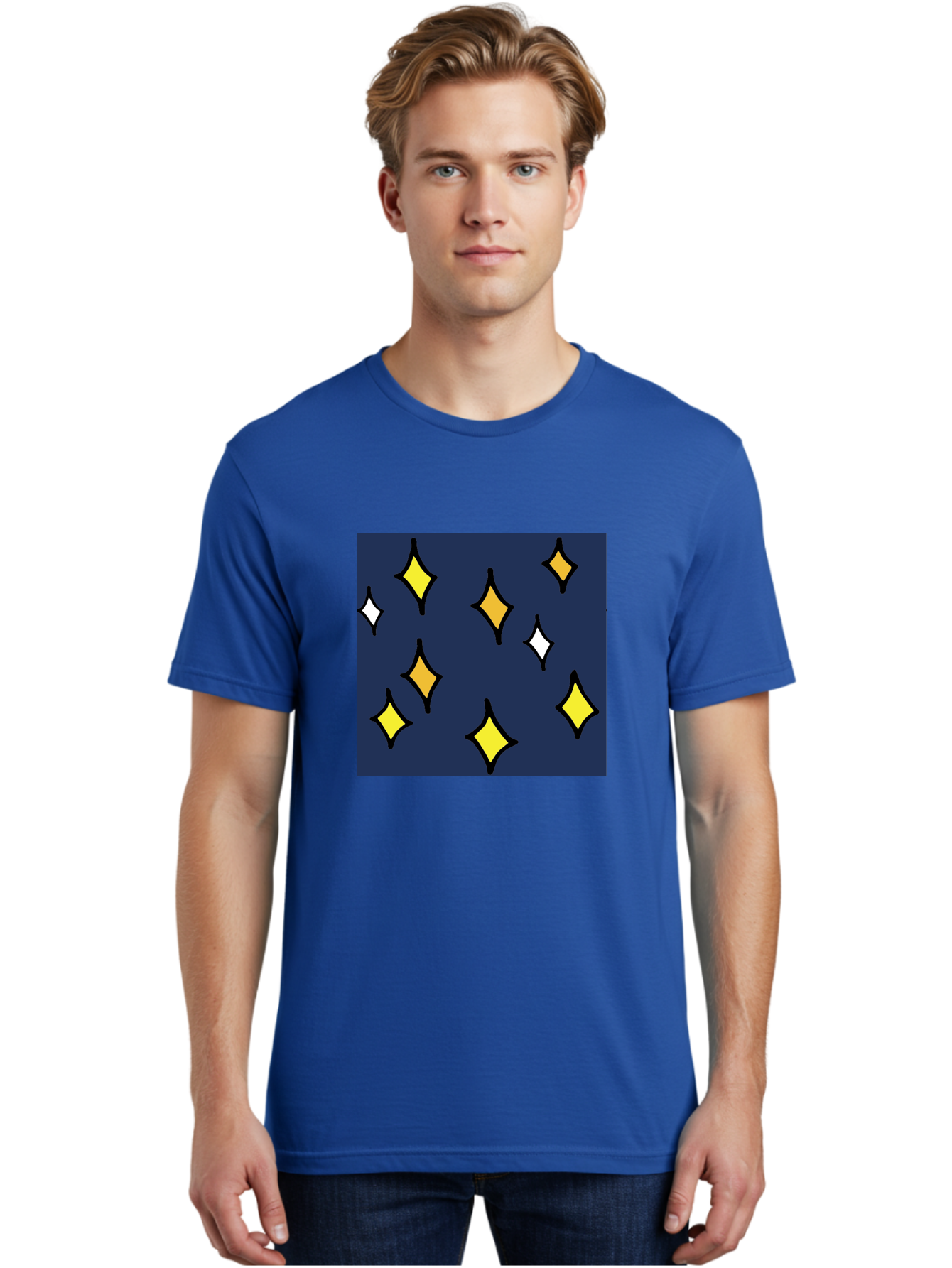 Yellow-Diamonds Men'S Graphic Tee, 100% Cotton, Comfortable Casual Summer Wear, Machine Washable, Diamond Shapes, Yellow And White Diamonds, Dark Blue Background, Abstract Design, Modern Art, Minimalist Style, Geometric Pattern, Aab180 28