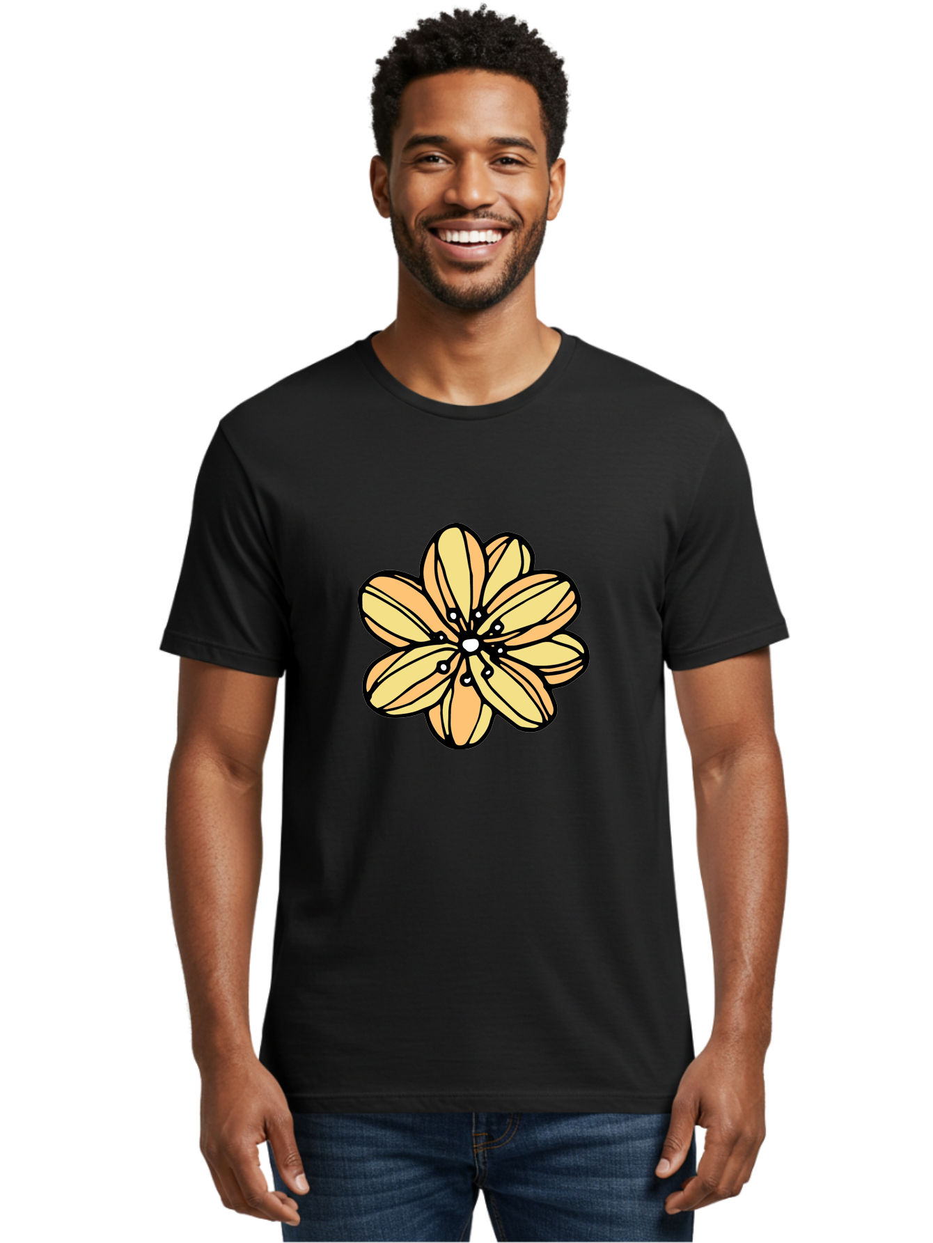 Yellow-Flower Men'S Graphic Tee, 100% Cotton, Comfortable Casual Summer Wear, Machine Washable, Cartoon Flower, Yellow Petals, Simple Design, Black Outline, Floral Illustration, Digital Art, Minimalist Style Aab182 24