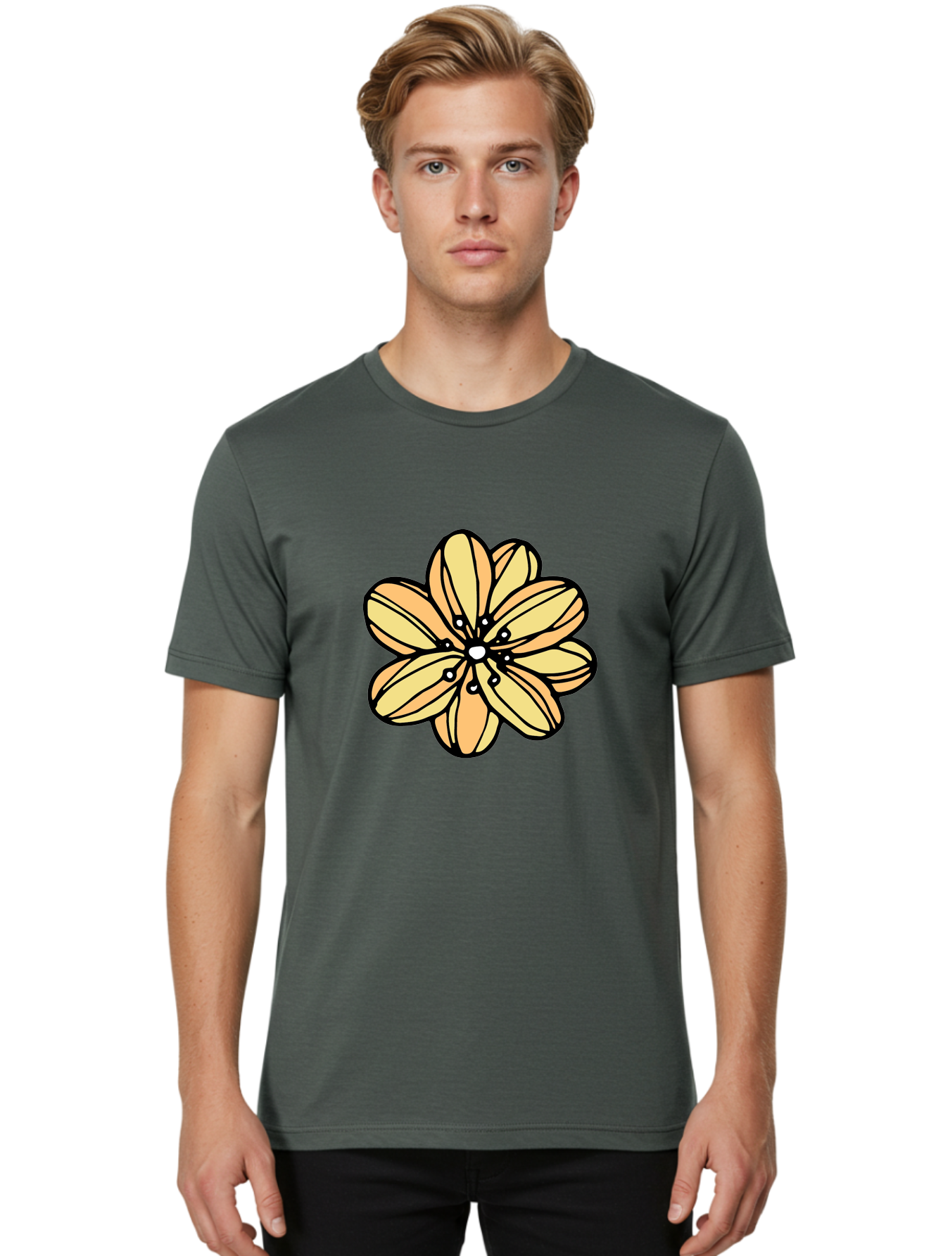 Yellow-Flower Men'S Graphic Tee, 100% Cotton, Comfortable Casual Summer Wear, Machine Washable, Cartoon Flower, Yellow Petals, Simple Design, Black Outline, Floral Illustration, Digital Art, Minimalist Style Aab182 26