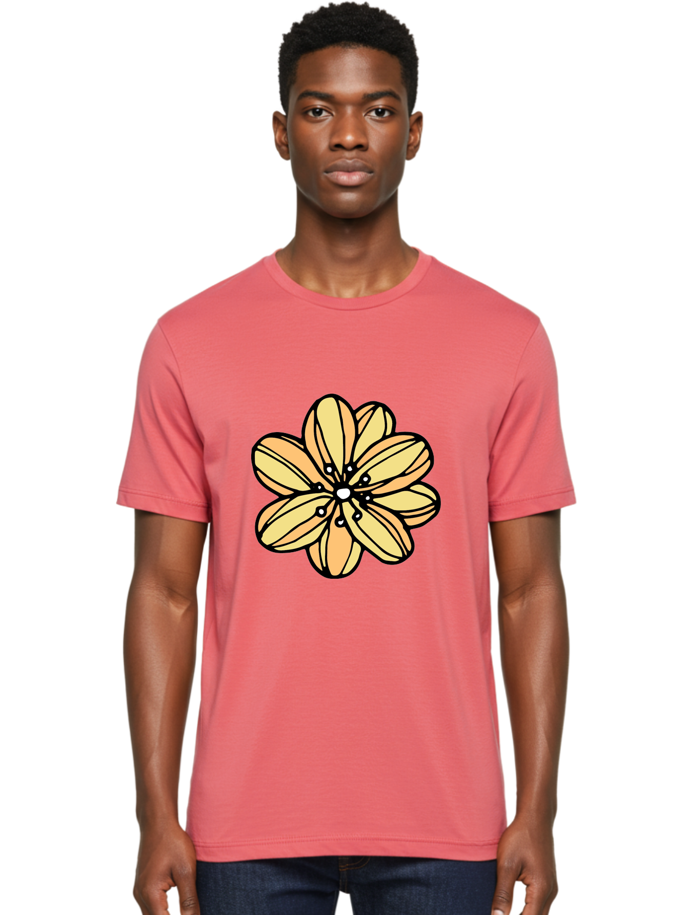 Yellow-Flower Men'S Graphic Tee, 100% Cotton, Comfortable Casual Summer Wear, Machine Washable, Cartoon Flower, Yellow Petals, Simple Design, Black Outline, Floral Illustration, Digital Art, Minimalist Style Aab182 20