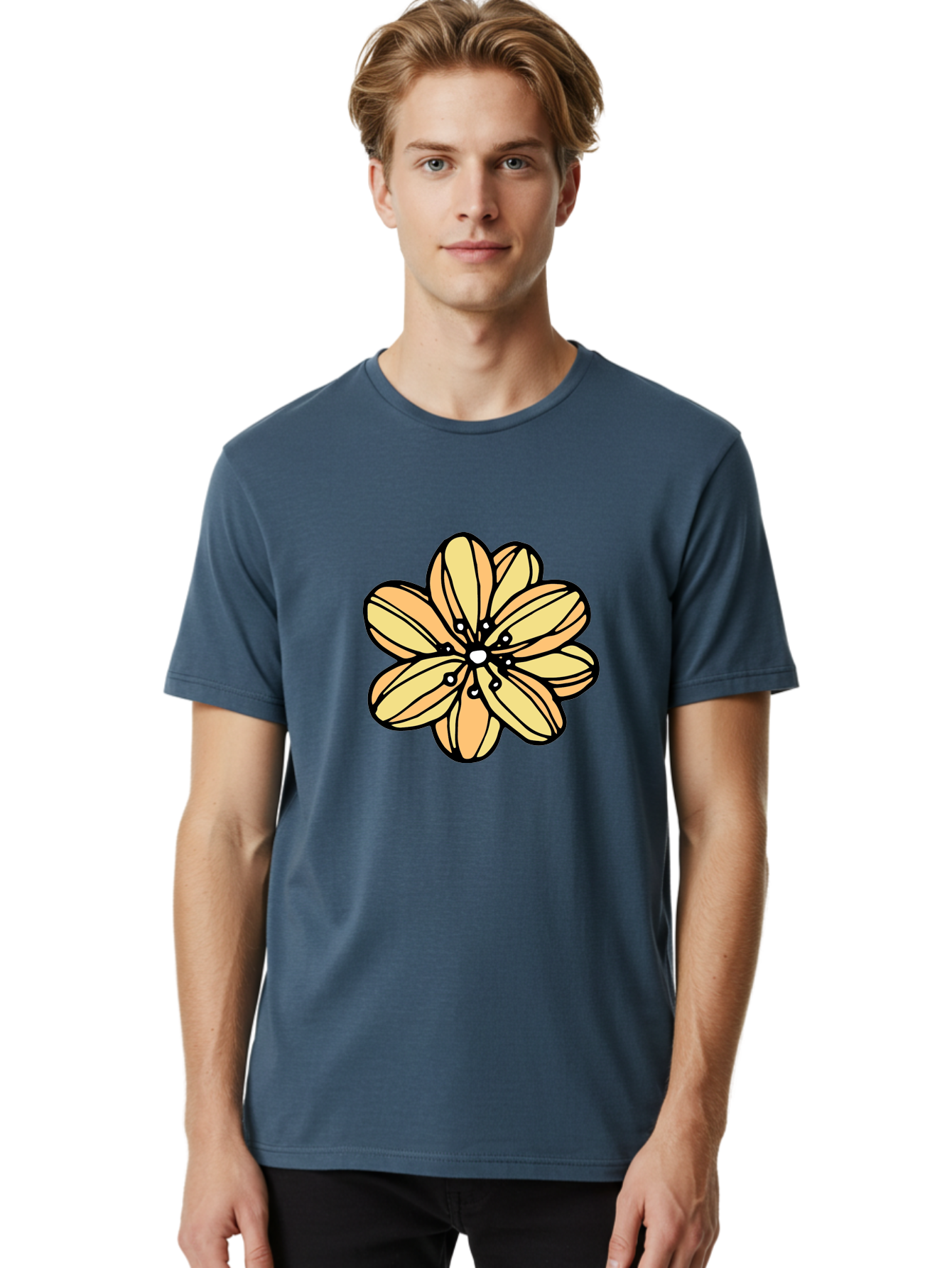 Yellow-Flower Men'S Graphic Tee, 100% Cotton, Comfortable Casual Summer Wear, Machine Washable, Cartoon Flower, Yellow Petals, Simple Design, Black Outline, Floral Illustration, Digital Art, Minimalist Style Aab182 22