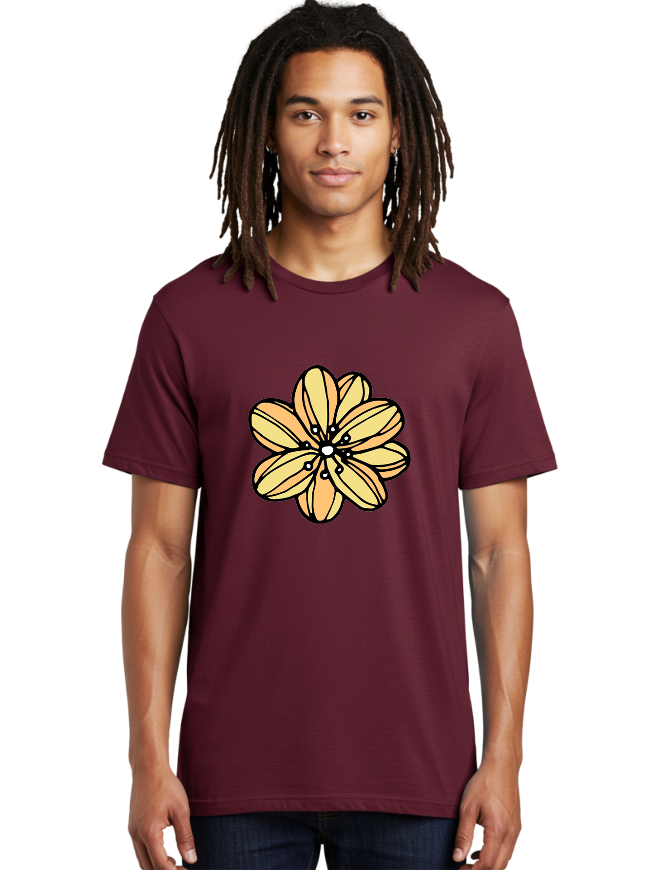 Yellow-Flower Men'S Graphic Tee, 100% Cotton, Comfortable Casual Summer Wear, Machine Washable, Cartoon Flower, Yellow Petals, Simple Design, Black Outline, Floral Illustration, Digital Art, Minimalist Style Aab182 8