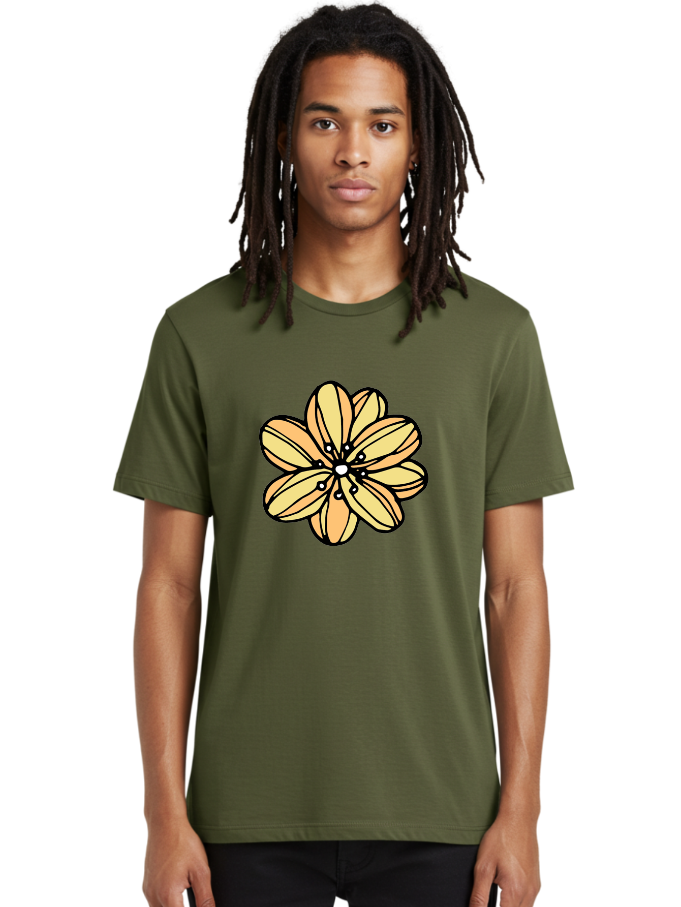 Yellow-Flower Men'S Graphic Tee, 100% Cotton, Comfortable Casual Summer Wear, Machine Washable, Cartoon Flower, Yellow Petals, Simple Design, Black Outline, Floral Illustration, Digital Art, Minimalist Style Aab182 16