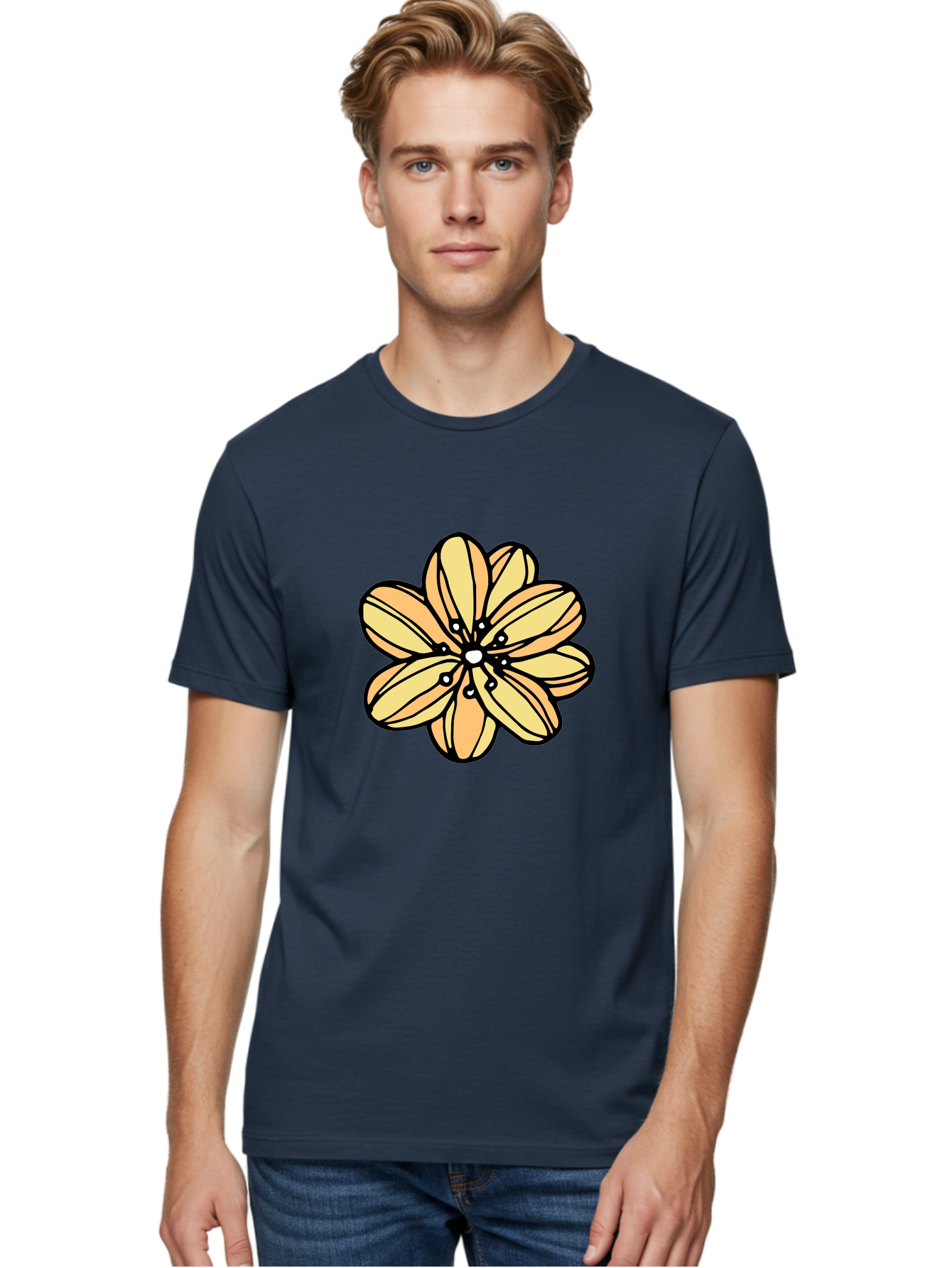Yellow-Flower Men'S Graphic Tee, 100% Cotton, Comfortable Casual Summer Wear, Machine Washable, Cartoon Flower, Yellow Petals, Simple Design, Black Outline, Floral Illustration, Digital Art, Minimalist Style Aab182 14
