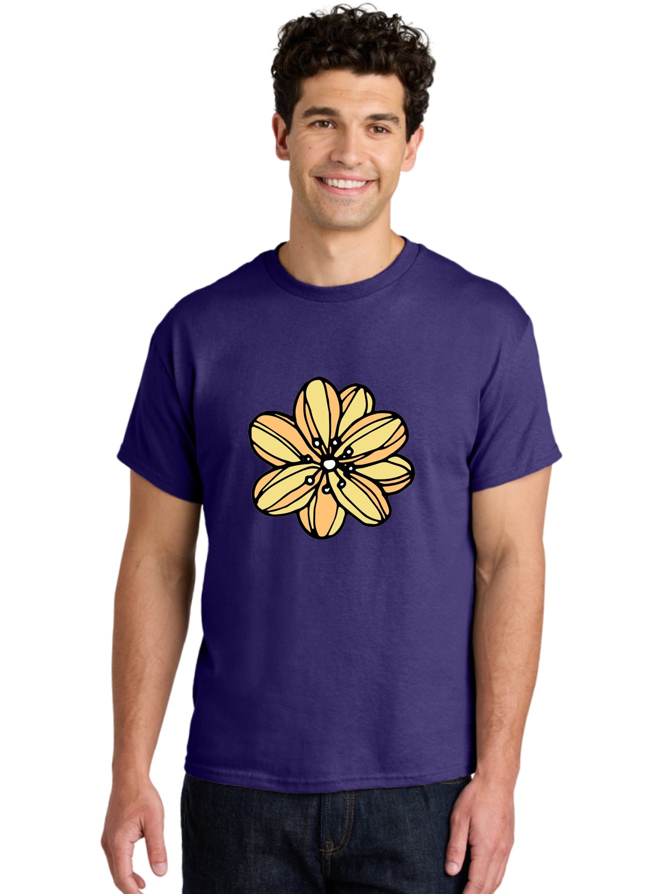 Yellow-Flower Men'S Graphic Tee, 100% Cotton, Comfortable Casual Summer Wear, Machine Washable, Cartoon Flower, Yellow Petals, Simple Design, Black Outline, Floral Illustration, Digital Art, Minimalist Style Aab182 12