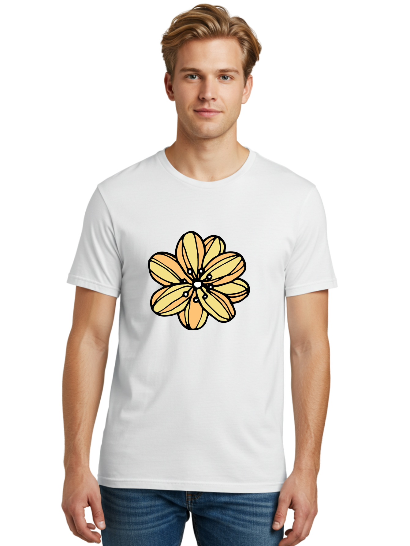 Yellow-Flower Men'S Graphic Tee, 100% Cotton, Comfortable Casual Summer Wear, Machine Washable, Cartoon Flower, Yellow Petals, Simple Design, Black Outline, Floral Illustration, Digital Art, Minimalist Style Aab182 30