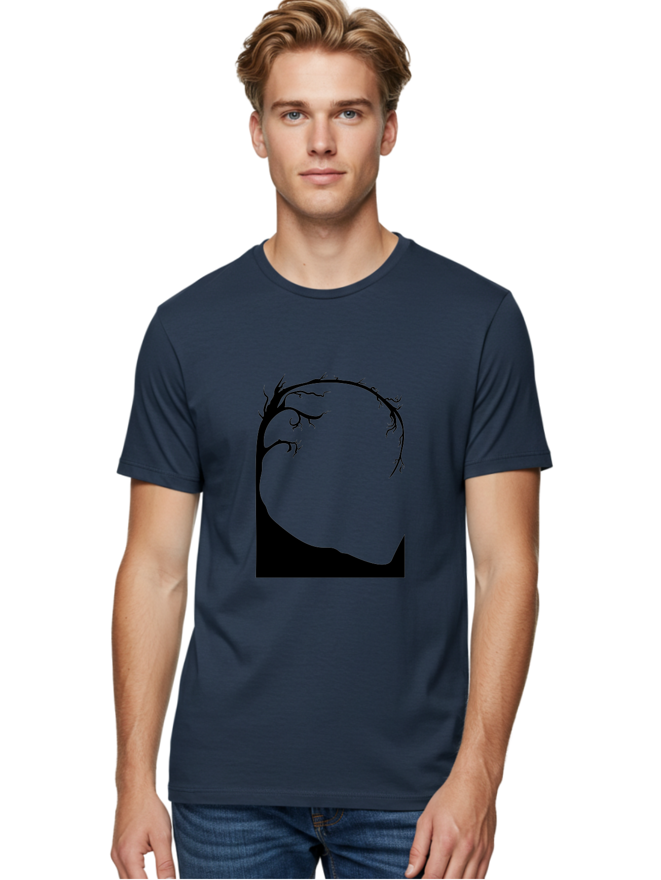A-Tree-Silhouette Men'S Graphic Tee, 100% Cotton, Comfortable Casual Summer Wear, Machine Washable, Twisted Tree Branches, Bare Tree Silhouette, Abstract Tree Design, Minimalist Art, Black Tree On Green, Surreal Landscape, Eerie Atmosphere Aab190 22