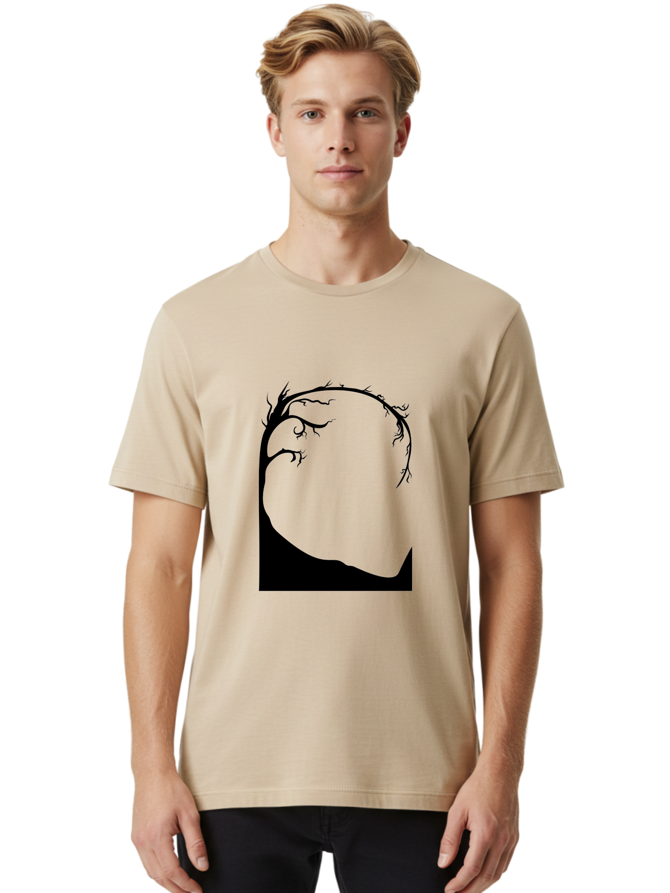 A-Tree-Silhouette Men'S Graphic Tee, 100% Cotton, Comfortable Casual Summer Wear, Machine Washable, Twisted Tree Branches, Bare Tree Silhouette, Abstract Tree Design, Minimalist Art, Black Tree On Green, Surreal Landscape, Eerie Atmosphere Aab190 4