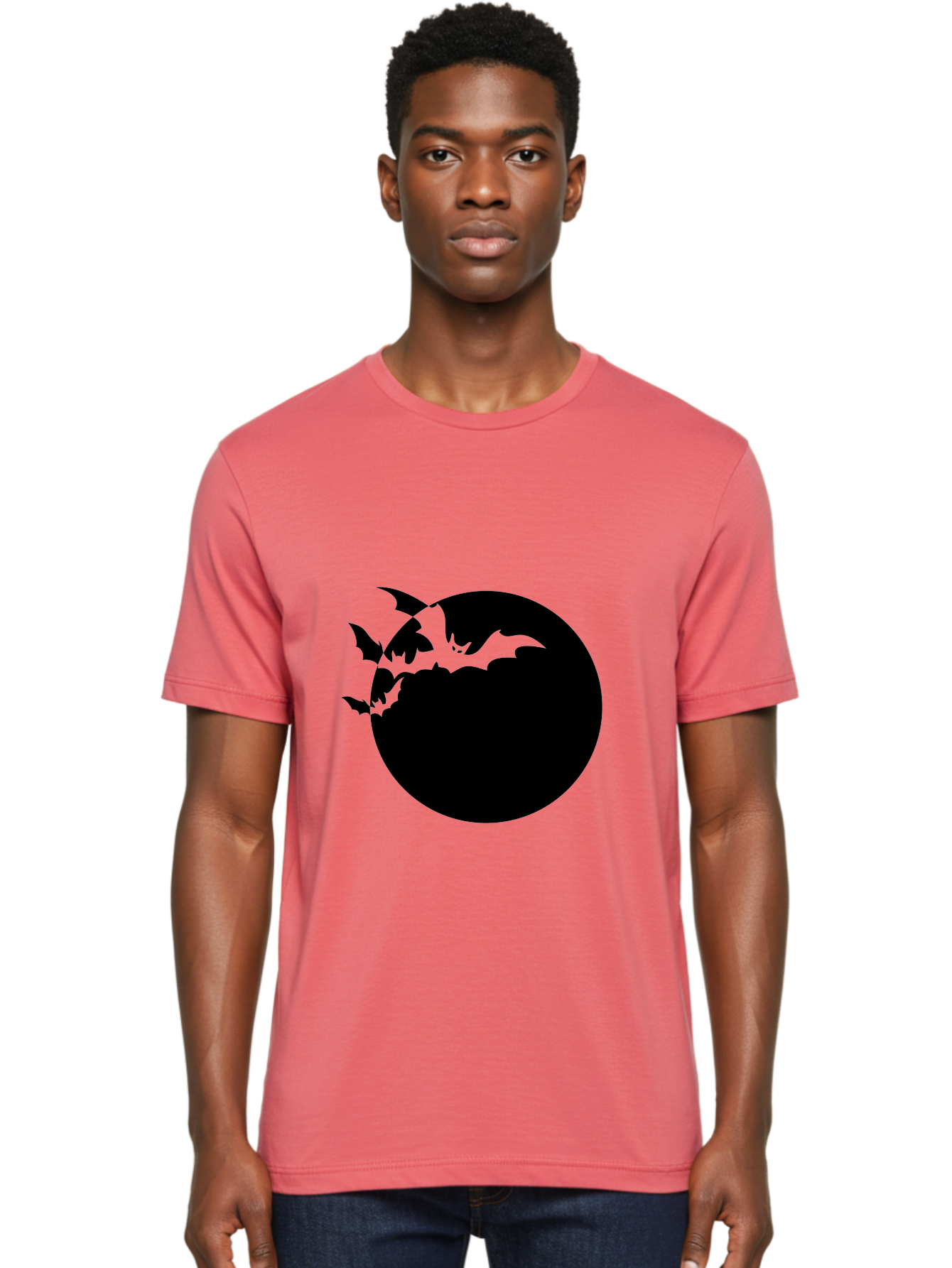 Bats-Flying-Around-Moon Men'S Graphic Tee, 100% Cotton, Comfortable Casual Summer Wear, Machine Washable, Black Bats, Flying Creatures, Dark Silhouettes, Spooky Atmosphere, Halloween Theme, Mystical Night, Winged Animals, Eerie Ambiance Aab195 2