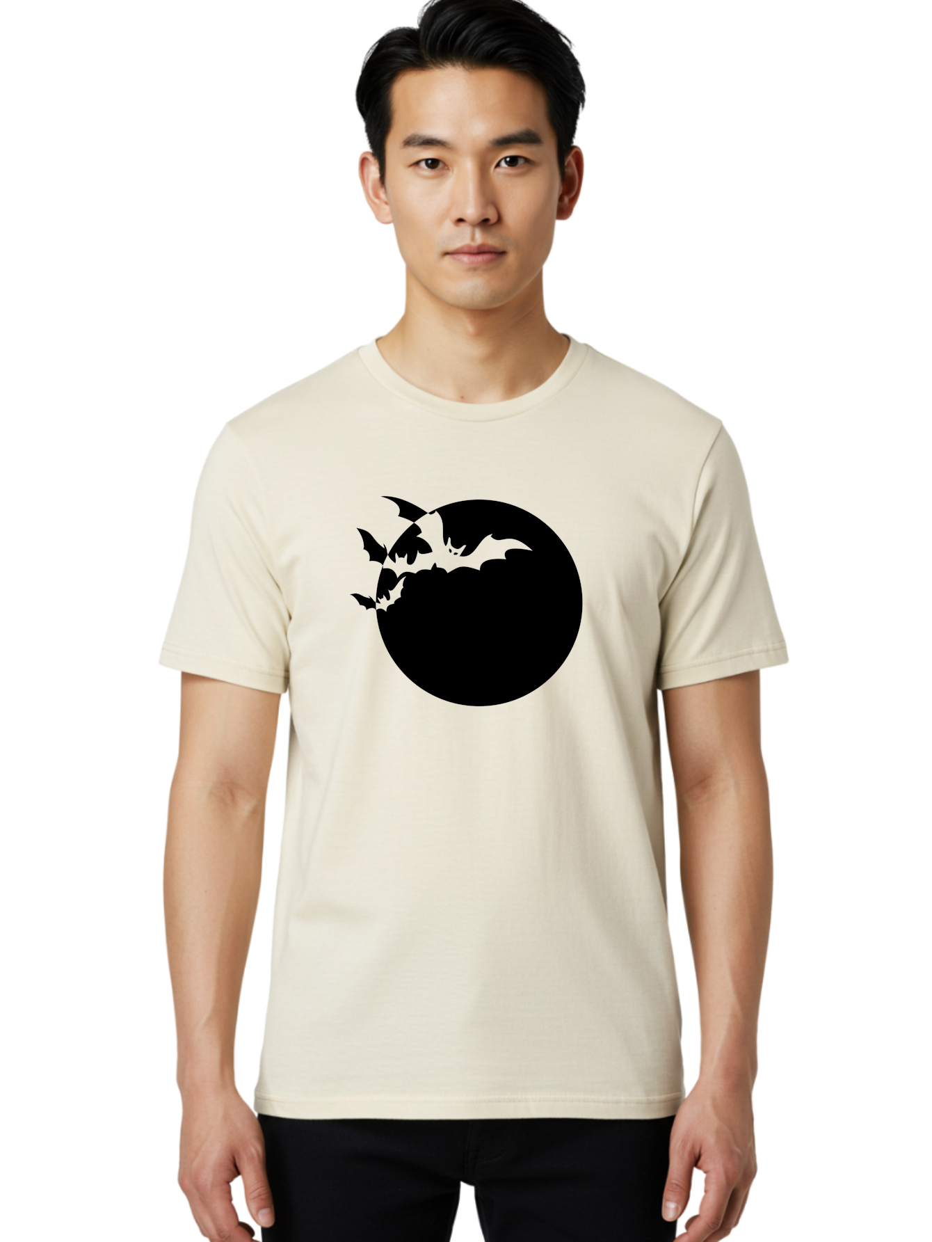 Bats-Flying-Around-Moon Men'S Graphic Tee, 100% Cotton, Comfortable Casual Summer Wear, Machine Washable, Black Bats, Flying Creatures, Dark Silhouettes, Spooky Atmosphere, Halloween Theme, Mystical Night, Winged Animals, Eerie Ambiance Aab195 12