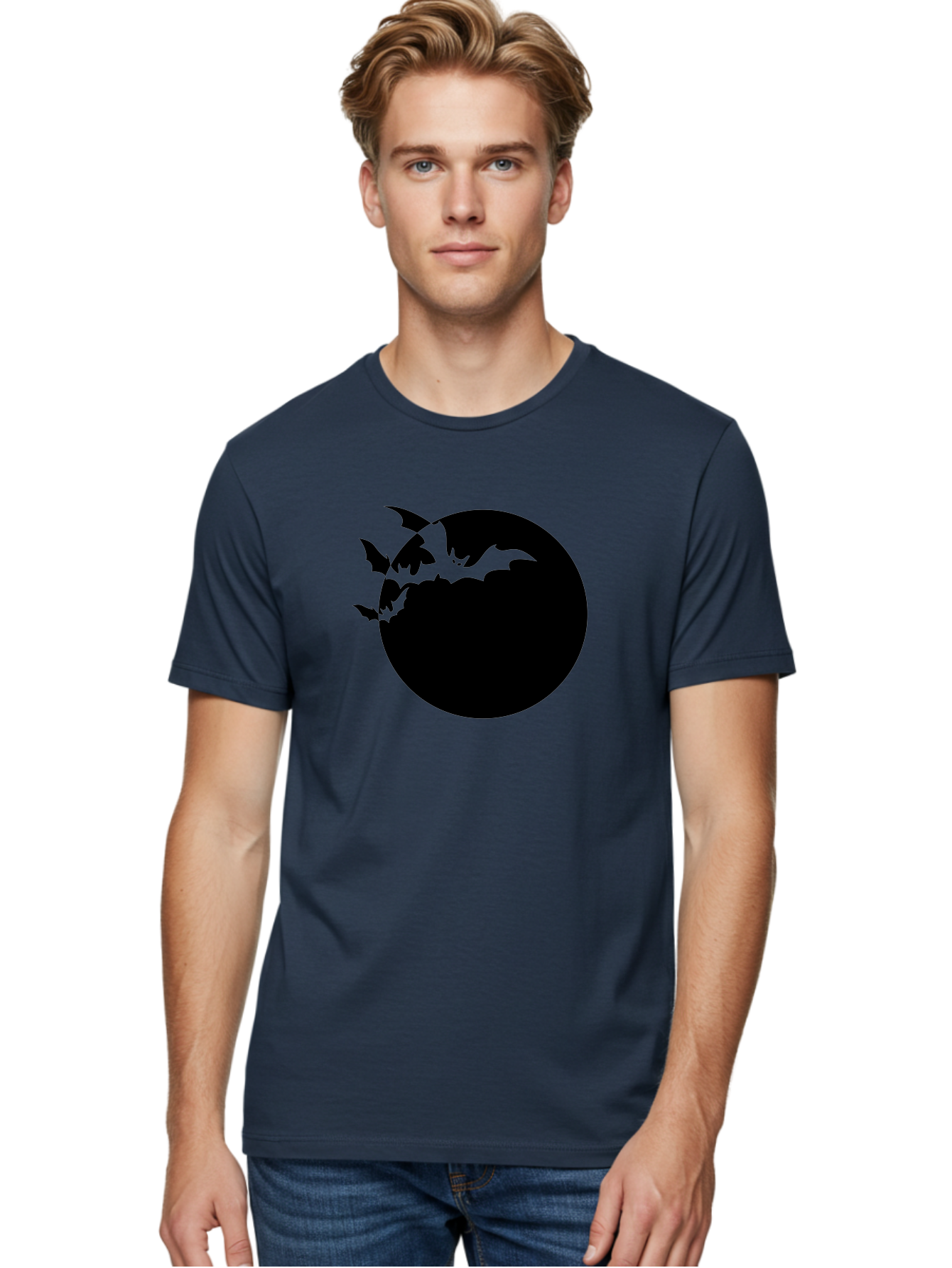 Bats-Flying-Around-Moon Men'S Graphic Tee, 100% Cotton, Comfortable Casual Summer Wear, Machine Washable, Black Bats, Flying Creatures, Dark Silhouettes, Spooky Atmosphere, Halloween Theme, Mystical Night, Winged Animals, Eerie Ambiance Aab195 22