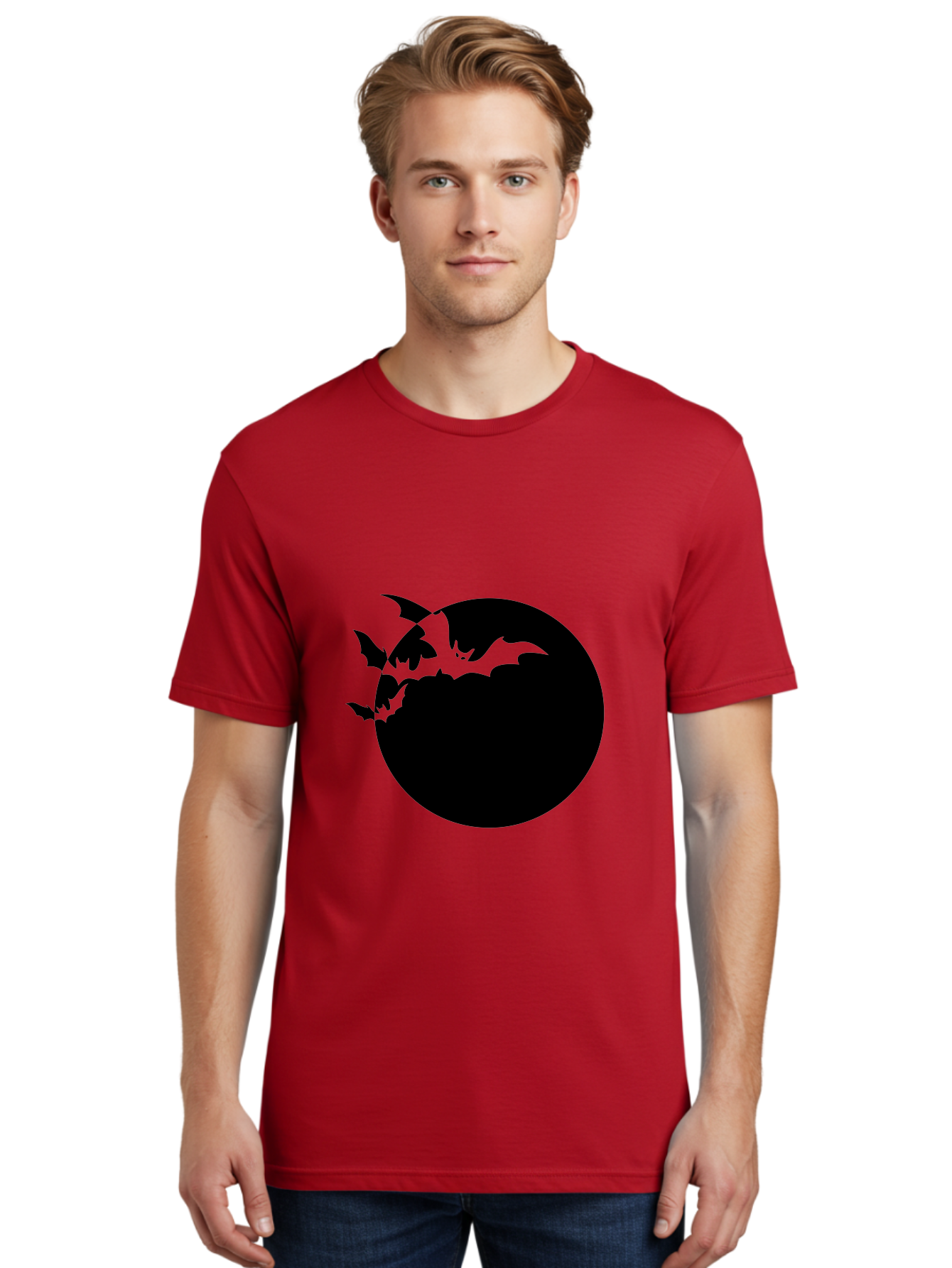 Bats-Flying-Around-Moon Men'S Graphic Tee, 100% Cotton, Comfortable Casual Summer Wear, Machine Washable, Black Bats, Flying Creatures, Dark Silhouettes, Spooky Atmosphere, Halloween Theme, Mystical Night, Winged Animals, Eerie Ambiance Aab195 26