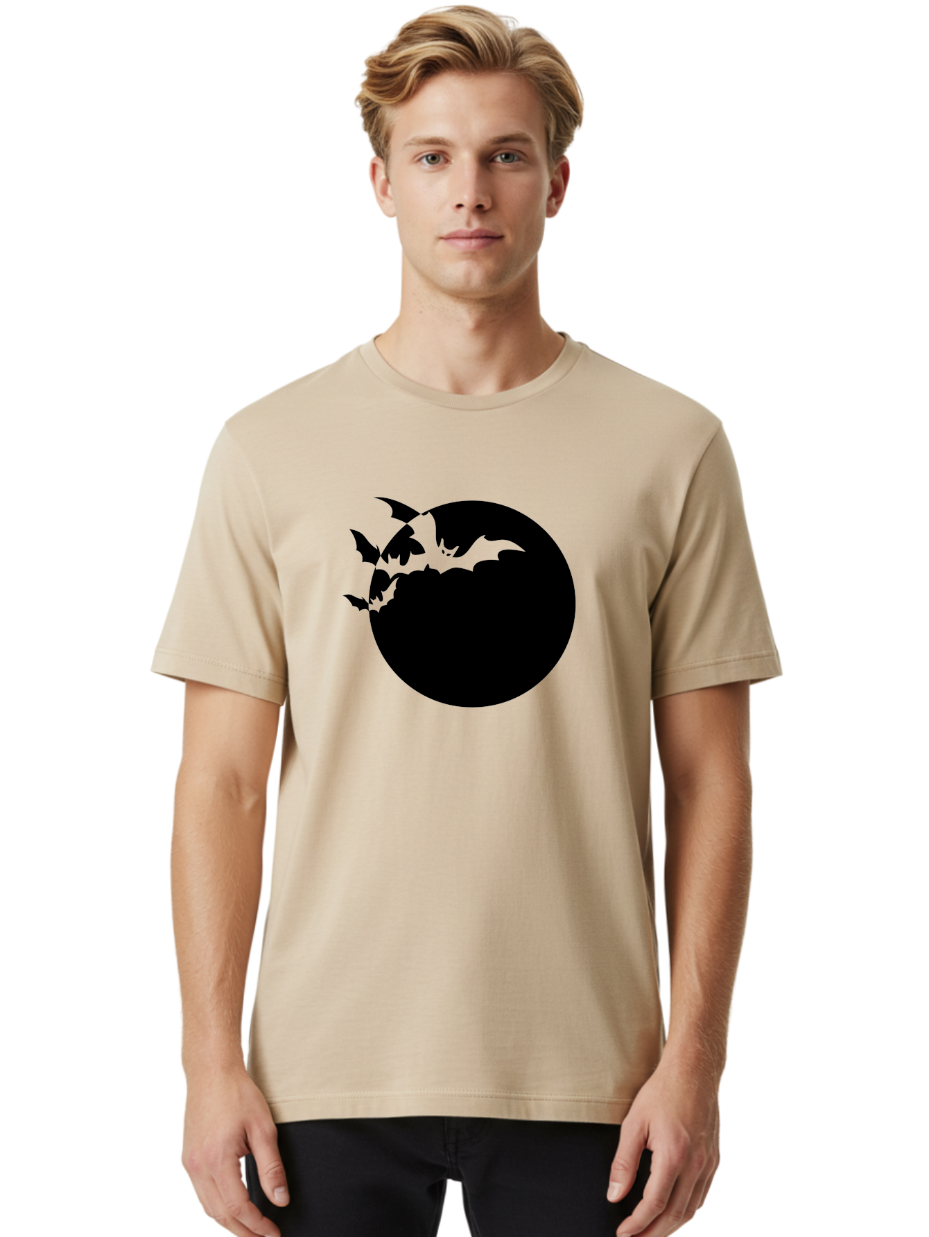 Bats-Flying-Around-Moon Men'S Graphic Tee, 100% Cotton, Comfortable Casual Summer Wear, Machine Washable, Black Bats, Flying Creatures, Dark Silhouettes, Spooky Atmosphere, Halloween Theme, Mystical Night, Winged Animals, Eerie Ambiance Aab195 6