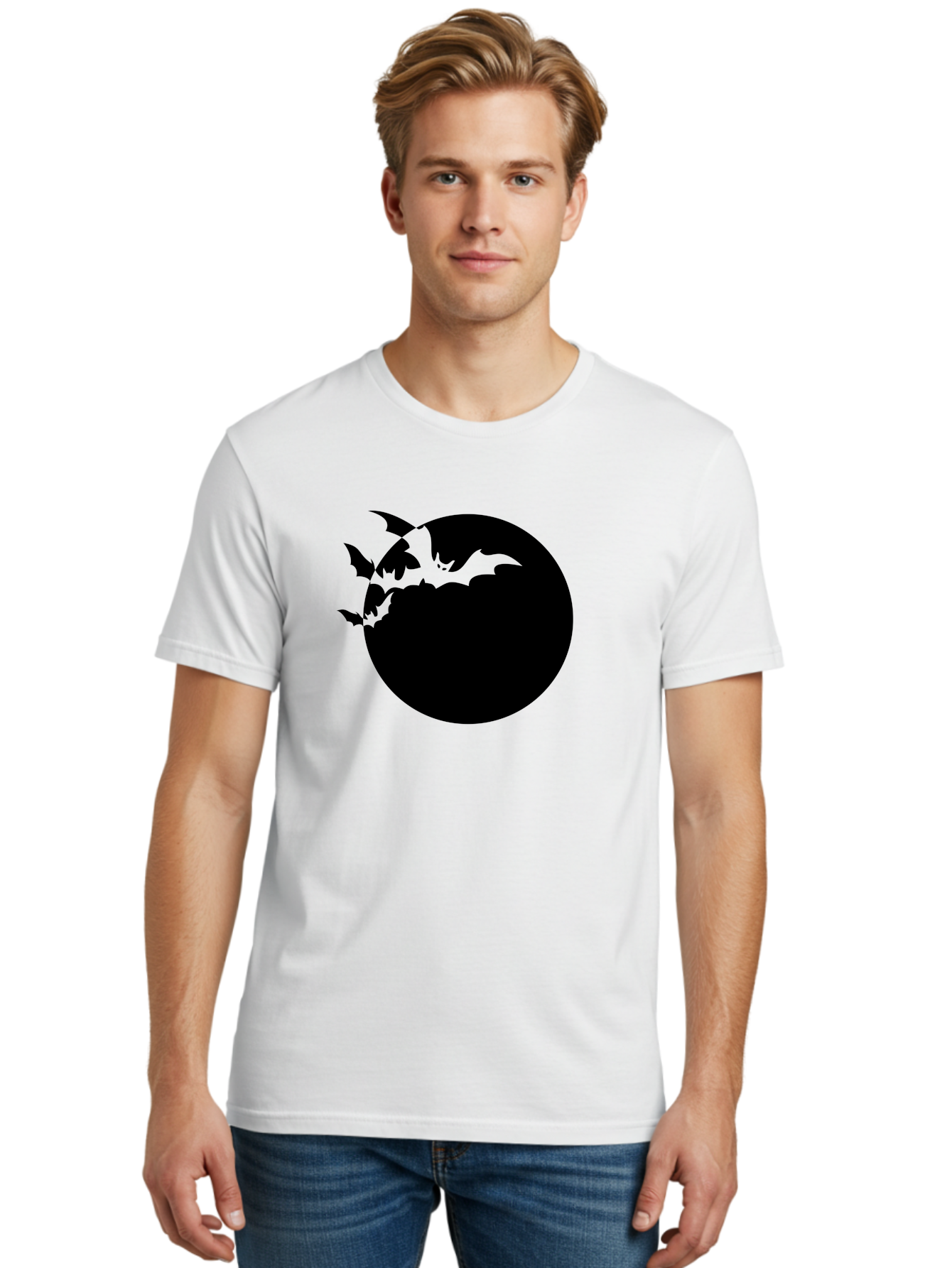 Bats-Flying-Around-Moon Men'S Graphic Tee, 100% Cotton, Comfortable Casual Summer Wear, Machine Washable, Black Bats, Flying Creatures, Dark Silhouettes, Spooky Atmosphere, Halloween Theme, Mystical Night, Winged Animals, Eerie Ambiance Aab195 28