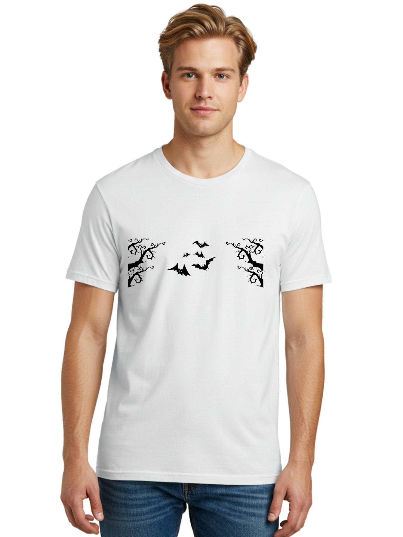 Bats-Flying-Between-Trees Men'S Graphic Tee, 100% Cotton, Comfortable Casual Summer Wear, Machine Washable, Halloween Bats, Flying Bats, Spooky Trees, Twisted Branches, Gothic Atmosphere, Dark Silhouettes, Haunted Woods, Flying Creatures Aab196 16