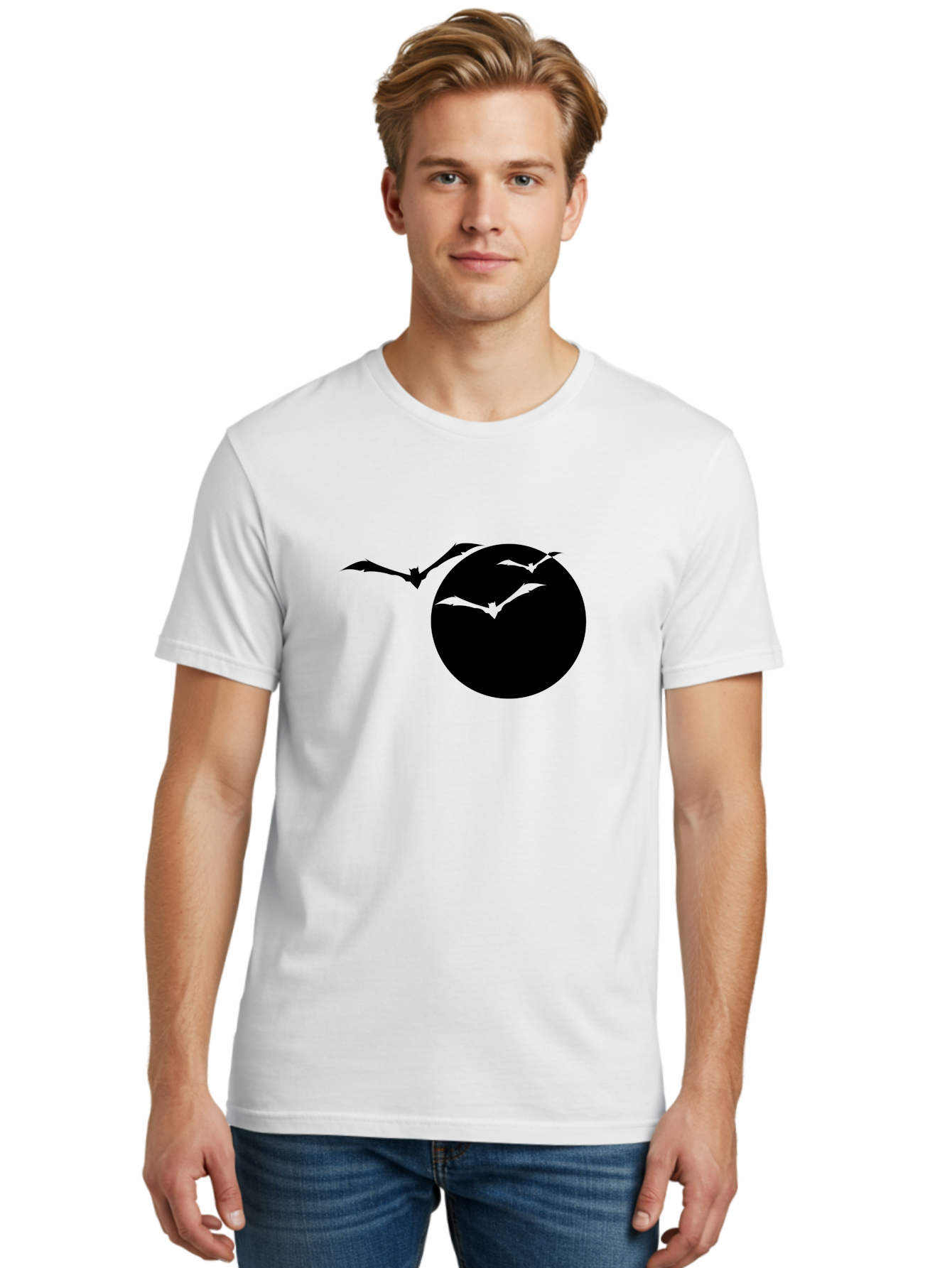 Bats-Flying Men'S Graphic Tee, 100% Cotton, Comfortable Casual Summer Wear, Machine Washable, Bats Flying Around The Moon, Spooky Atmosphere, Halloween Theme, Nighttime Scene, Mysterious Ambiance, Bats In Flight, Lunar Background, Aab197 20