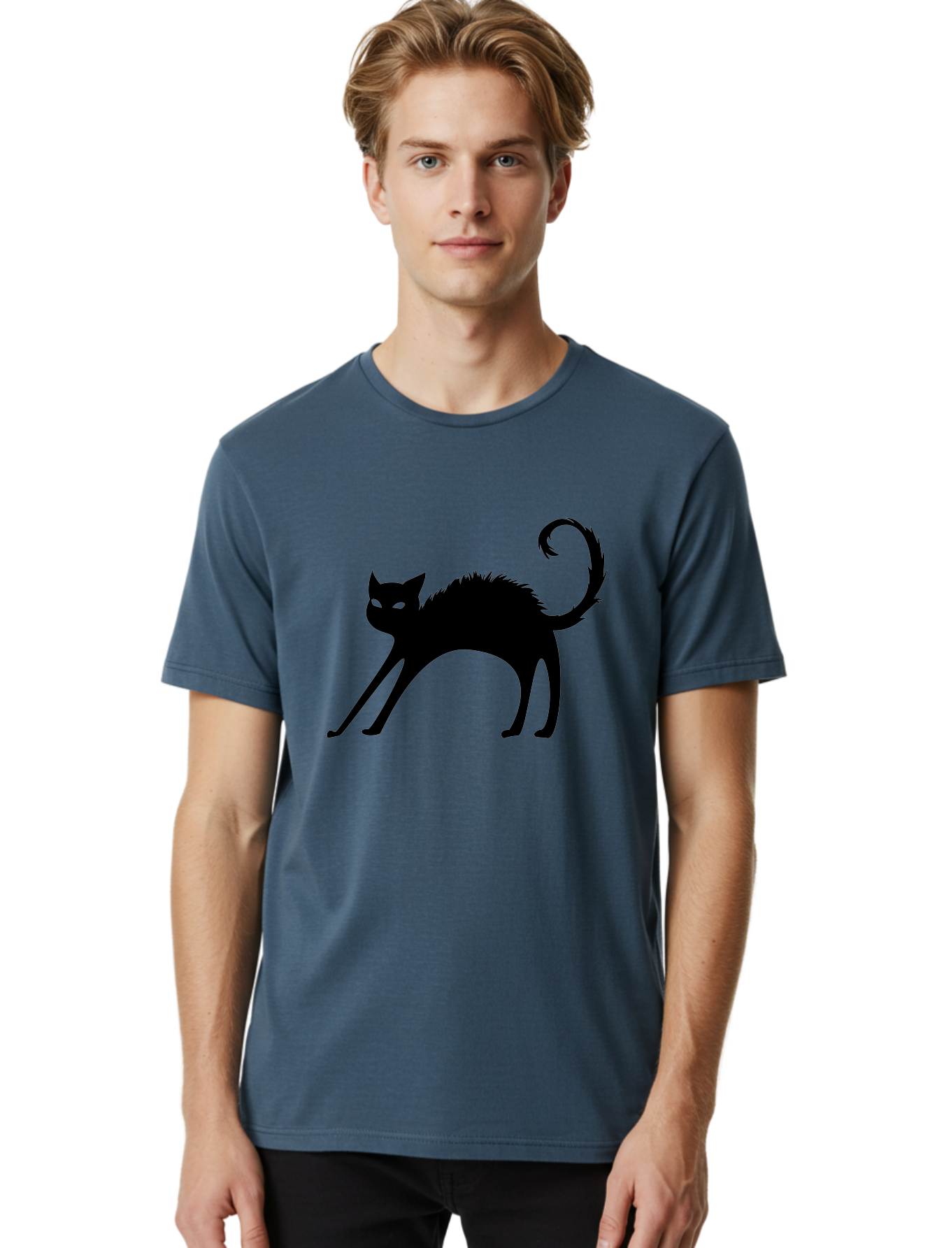Black-Cat-Silhouette-1 Men'S Graphic Tee, 100% Cotton, Comfortable Casual Summer Wear, Machine Washable, Black Cat Silhouette, Spooky Cat, Halloween Symbol, Mysterious Animal, Glowing Eyes, Feline Silhouette, Mystical Creature, Aab202 4