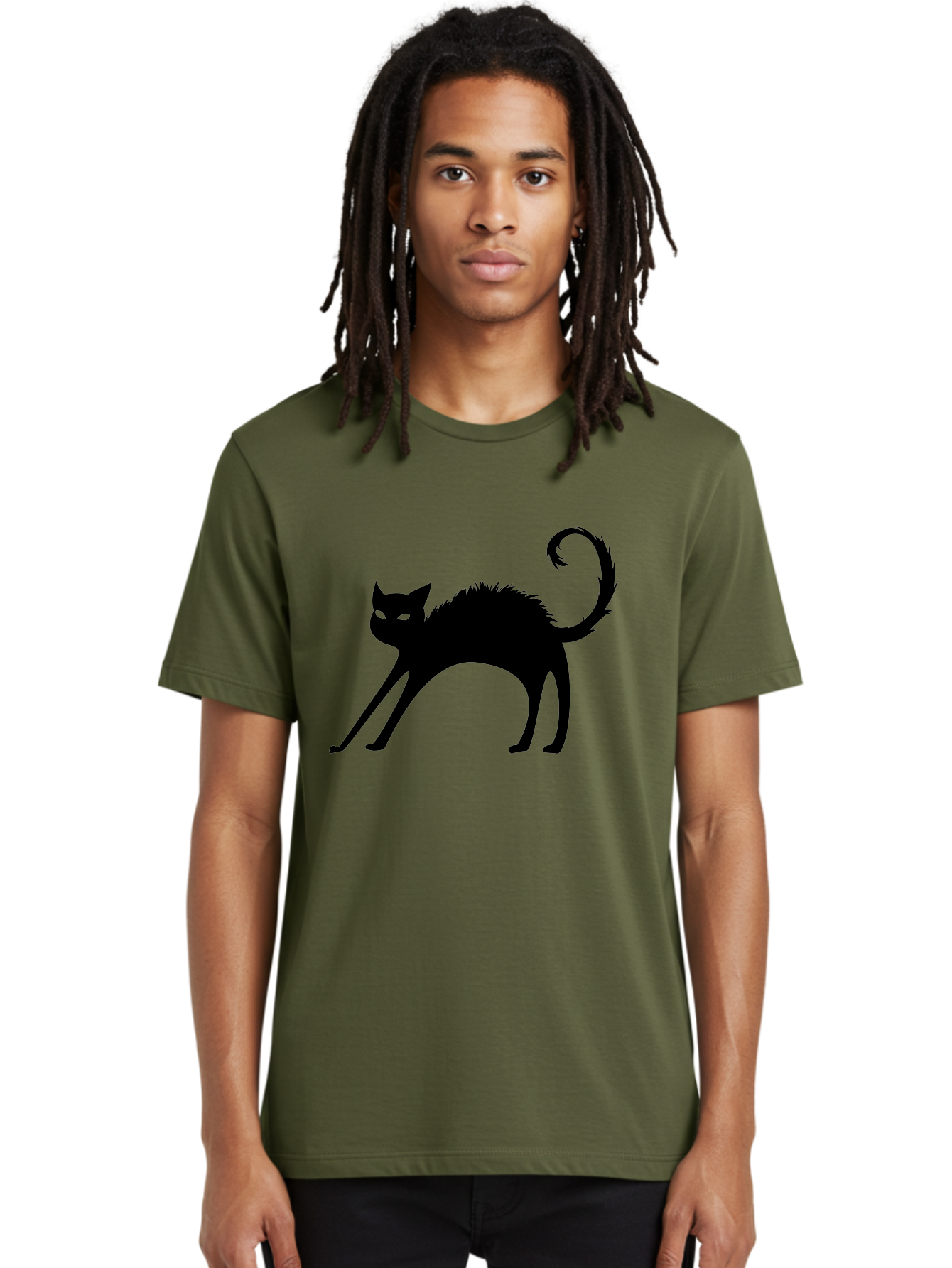 Black-Cat-Silhouette-1 Men'S Graphic Tee, 100% Cotton, Comfortable Casual Summer Wear, Machine Washable, Black Cat Silhouette, Spooky Cat, Halloween Symbol, Mysterious Animal, Glowing Eyes, Feline Silhouette, Mystical Creature, Aab202 2