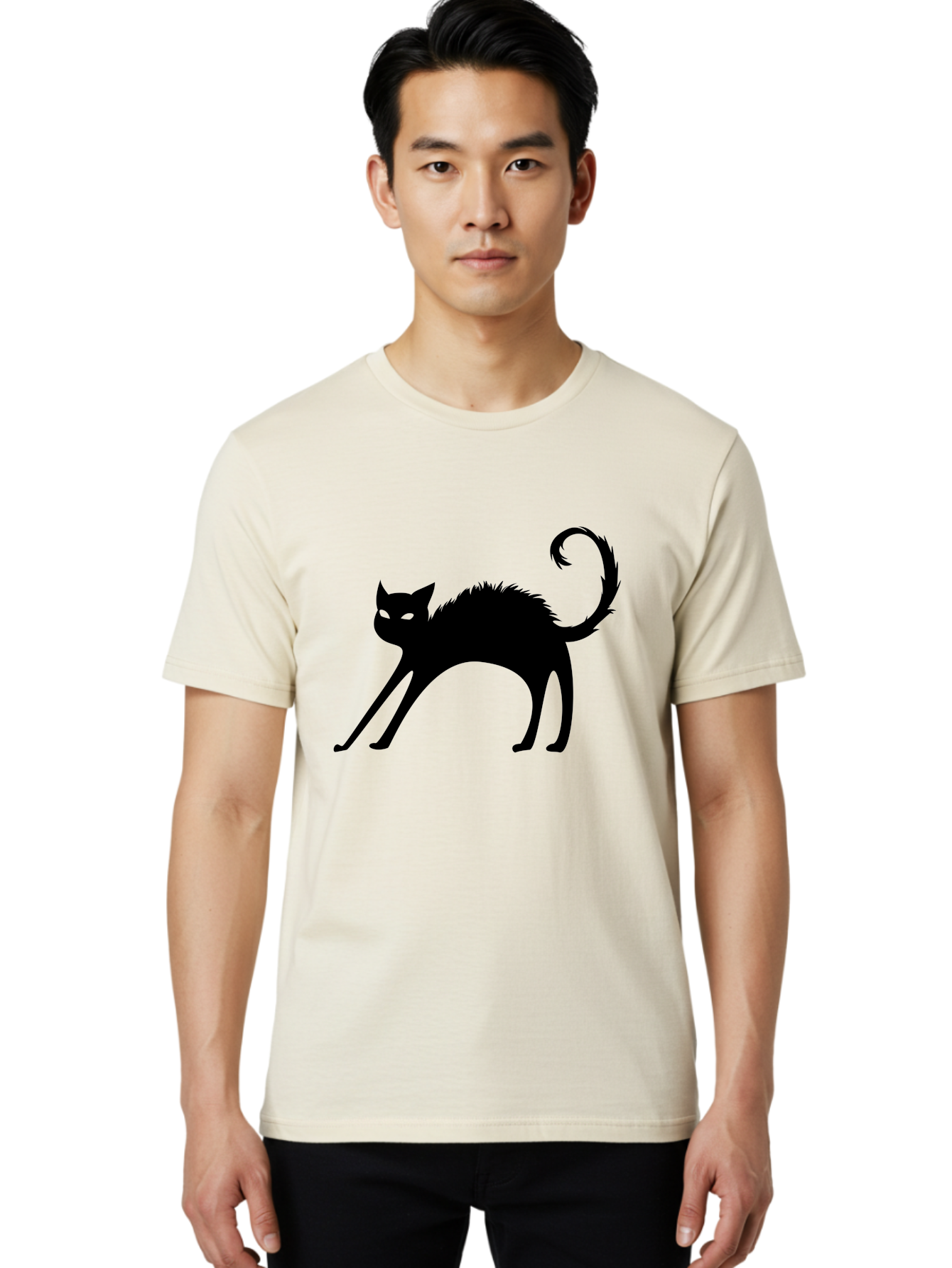 Black-Cat-Silhouette-1 Men'S Graphic Tee, 100% Cotton, Comfortable Casual Summer Wear, Machine Washable, Black Cat Silhouette, Spooky Cat, Halloween Symbol, Mysterious Animal, Glowing Eyes, Feline Silhouette, Mystical Creature, Aab202 14