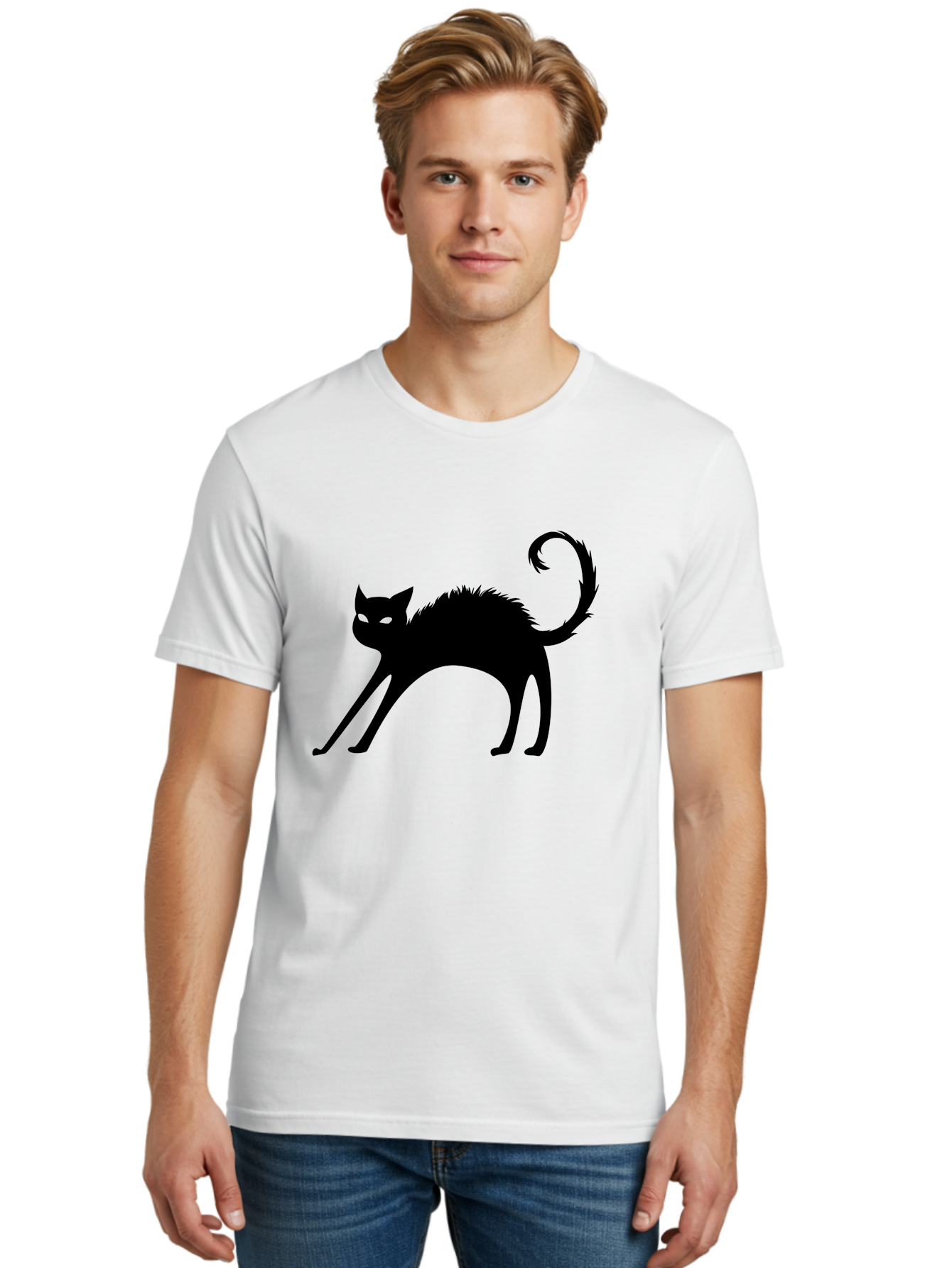 Black-Cat-Silhouette-1 Men'S Graphic Tee, 100% Cotton, Comfortable Casual Summer Wear, Machine Washable, Black Cat Silhouette, Spooky Cat, Halloween Symbol, Mysterious Animal, Glowing Eyes, Feline Silhouette, Mystical Creature, Aab202 22