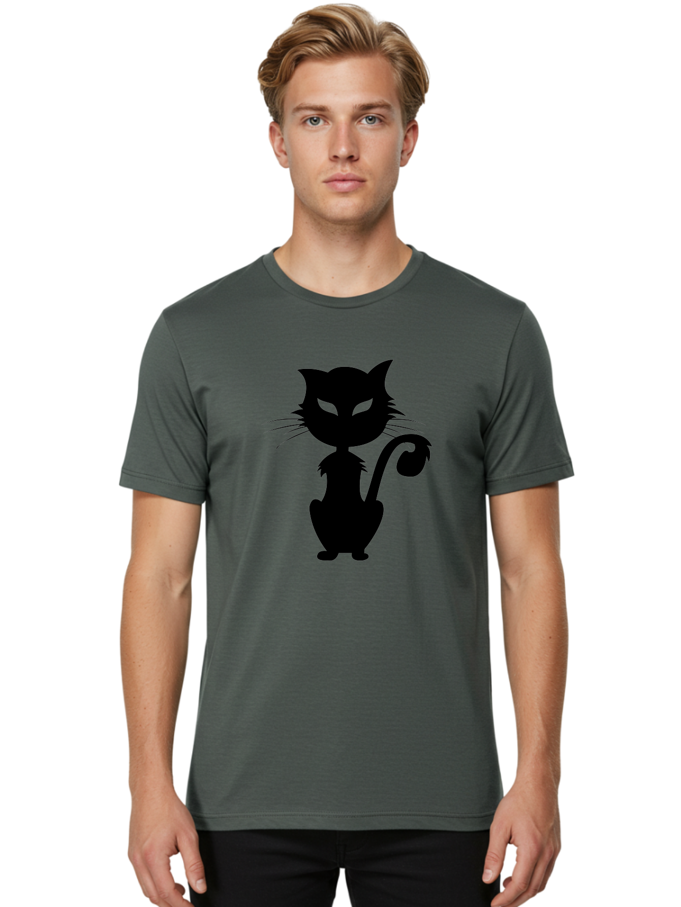 Black-Cat-Silhouette-2 Men'S Graphic Tee, 100% Cotton, Comfortable Casual Summer Wear, Machine Washable, Black Cat, Cat Silhouette, Feline Figure, Glowing Green Eyes, Mystical Cat, Cat Graphic, Spooky Cat, Mysterious Animal, Halloween Icon Aab203 22