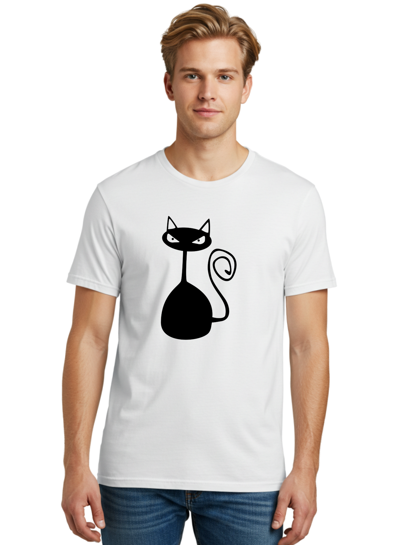Black-Cat Men'S Graphic Tee, 100% Cotton, Comfortable Casual Summer Wear, Machine Washable, Black Cat Silhouette, Evil Cat, Green Eyes, Cartoon Style, Minimalist Design, Simple Shapes, Whimsical Art, Feline Illustration, Spooky Cat, Aab205 28