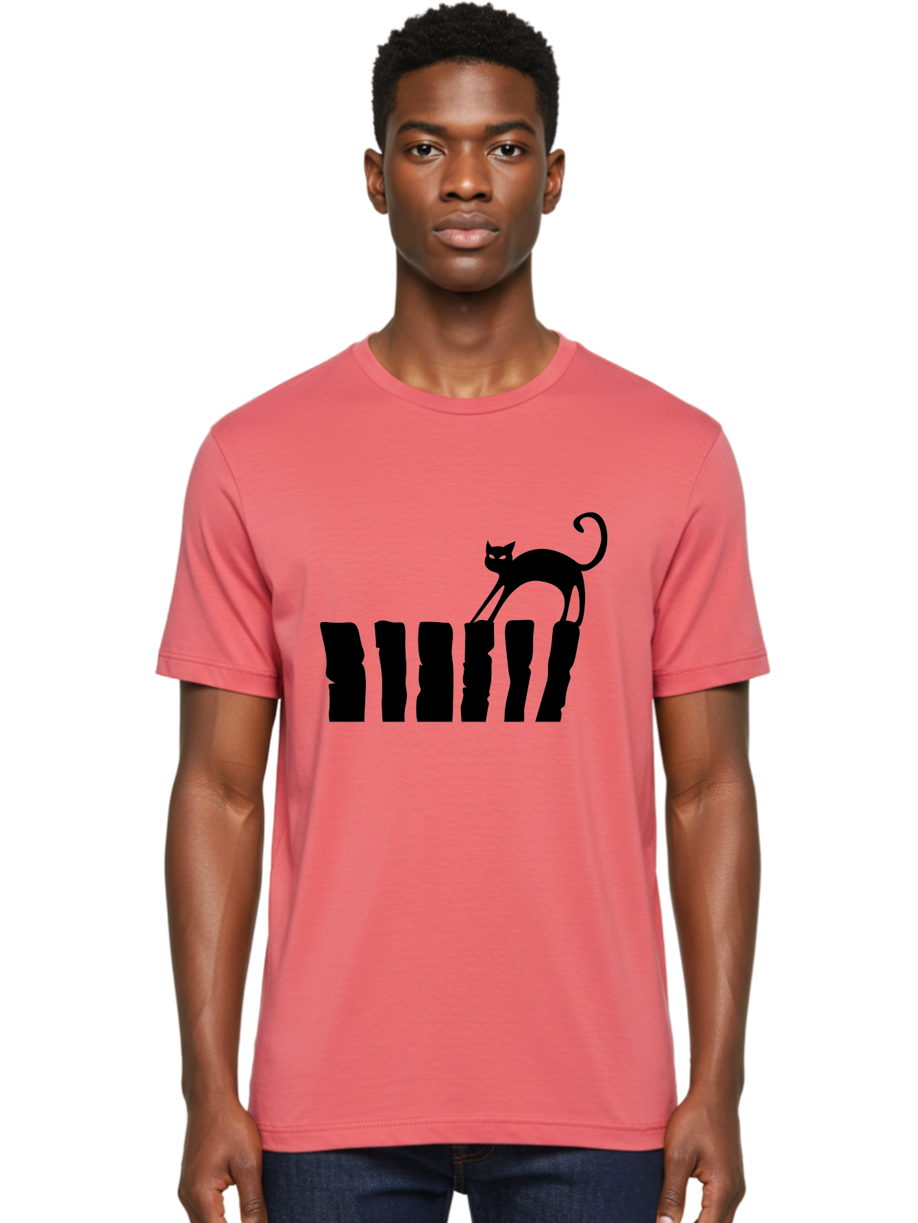 Cat-On-Fence Men'S Graphic Tee, 100% Cotton, Comfortable Casual Summer Wear, Machine Washable, Black Cat Silhouette, Feline Graphics, Cat On Fence, Whimsical Design, Minimalist Art, Cat Illustration, Modern Cat Graphic Aab208 18