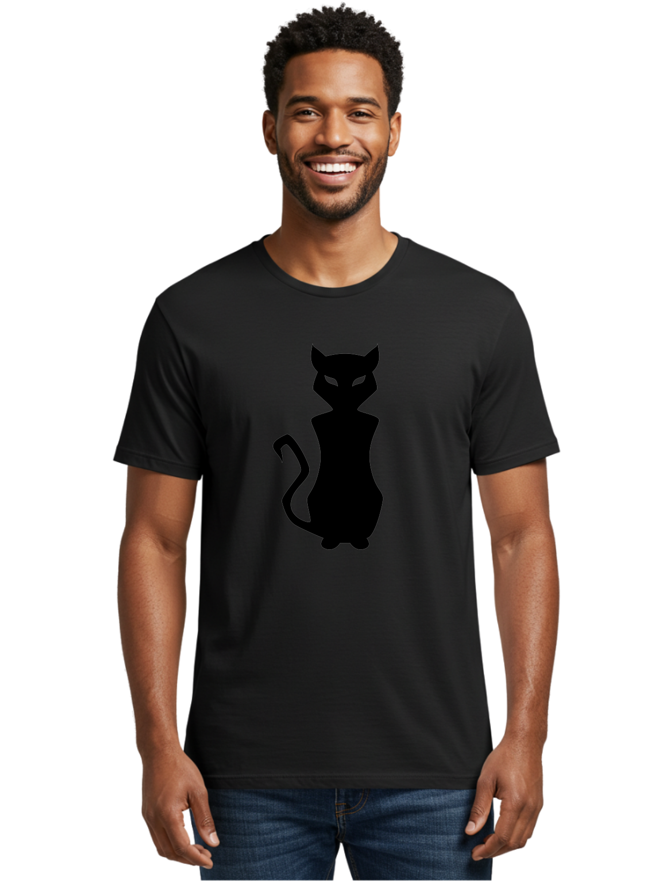 Cat-Silhouette Men'S Graphic Tee, 100% Cotton, Comfortable Casual Summer Wear, Machine Washable, Black Cat Silhouette, Glowy Eyes, Cat'S Paw On Face, Feline Figure, Mysterious Animal, Sleek Design, Glowing Green Eyes, Cat Shape Aab209 4
