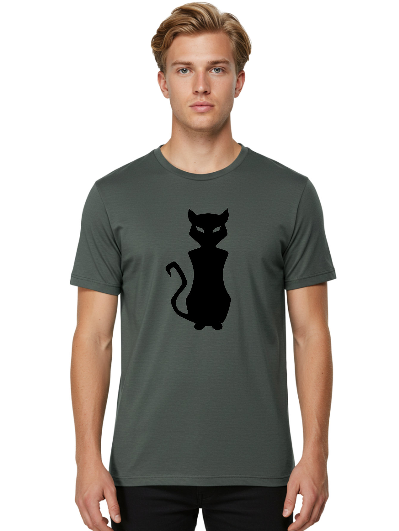 Cat-Silhouette Men'S Graphic Tee, 100% Cotton, Comfortable Casual Summer Wear, Machine Washable, Black Cat Silhouette, Glowy Eyes, Cat'S Paw On Face, Feline Figure, Mysterious Animal, Sleek Design, Glowing Green Eyes, Cat Shape Aab209 12