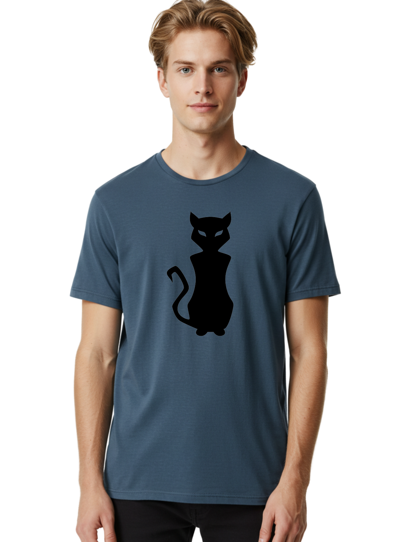Cat-Silhouette Men'S Graphic Tee, 100% Cotton, Comfortable Casual Summer Wear, Machine Washable, Black Cat Silhouette, Glowy Eyes, Cat'S Paw On Face, Feline Figure, Mysterious Animal, Sleek Design, Glowing Green Eyes, Cat Shape Aab209 24