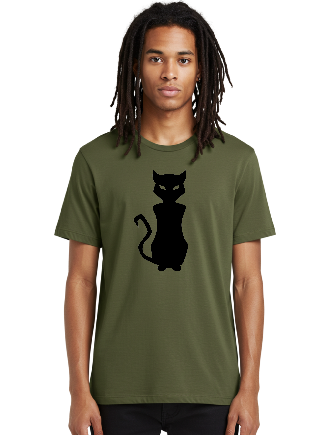 Cat-Silhouette Men'S Graphic Tee, 100% Cotton, Comfortable Casual Summer Wear, Machine Washable, Black Cat Silhouette, Glowy Eyes, Cat'S Paw On Face, Feline Figure, Mysterious Animal, Sleek Design, Glowing Green Eyes, Cat Shape Aab209 26