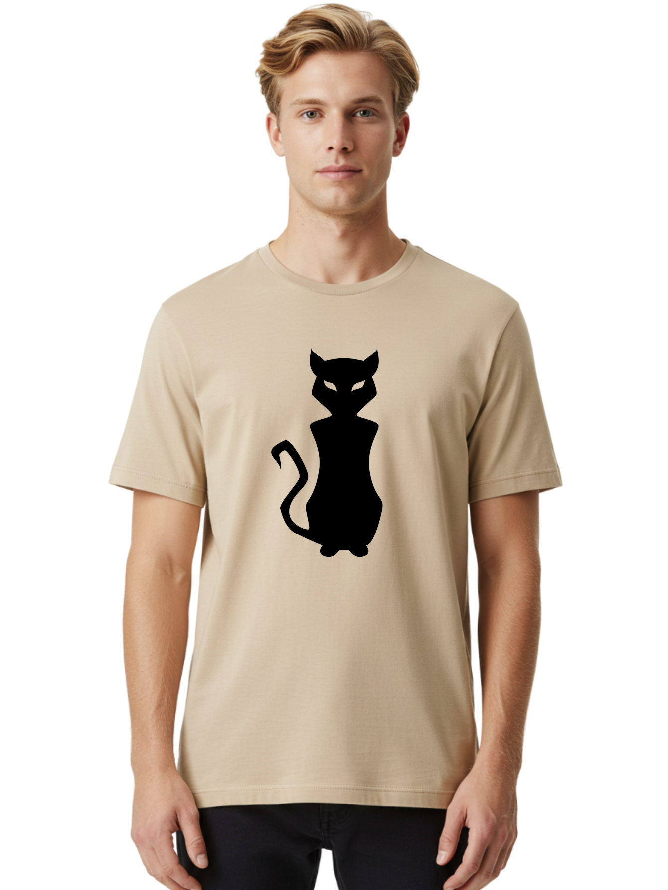 Cat-Silhouette Men'S Graphic Tee, 100% Cotton, Comfortable Casual Summer Wear, Machine Washable, Black Cat Silhouette, Glowy Eyes, Cat'S Paw On Face, Feline Figure, Mysterious Animal, Sleek Design, Glowing Green Eyes, Cat Shape Aab209 30