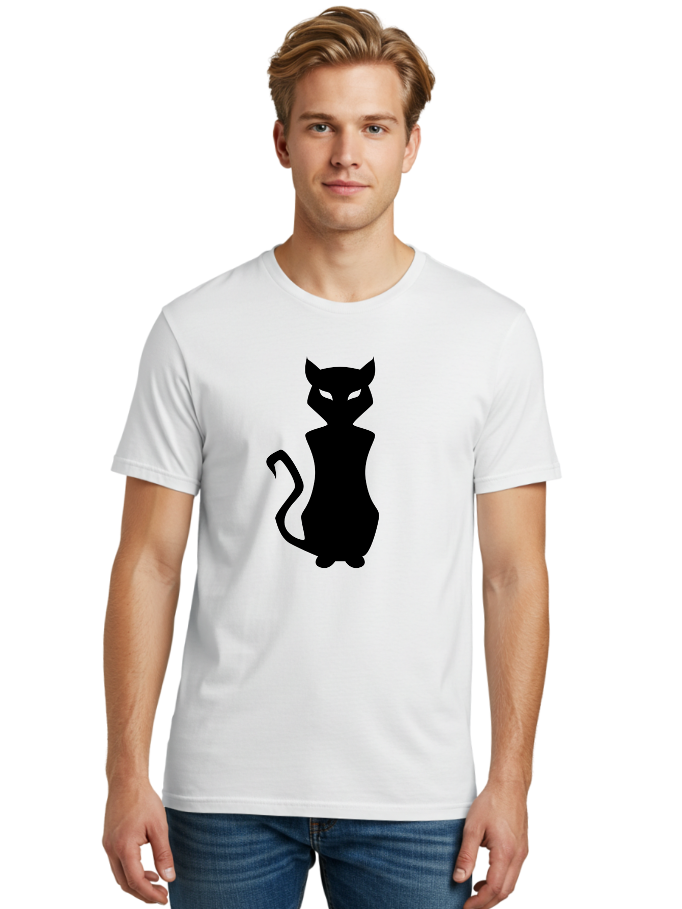 Cat-Silhouette Men'S Graphic Tee, 100% Cotton, Comfortable Casual Summer Wear, Machine Washable, Black Cat Silhouette, Glowy Eyes, Cat'S Paw On Face, Feline Figure, Mysterious Animal, Sleek Design, Glowing Green Eyes, Cat Shape Aab209 8