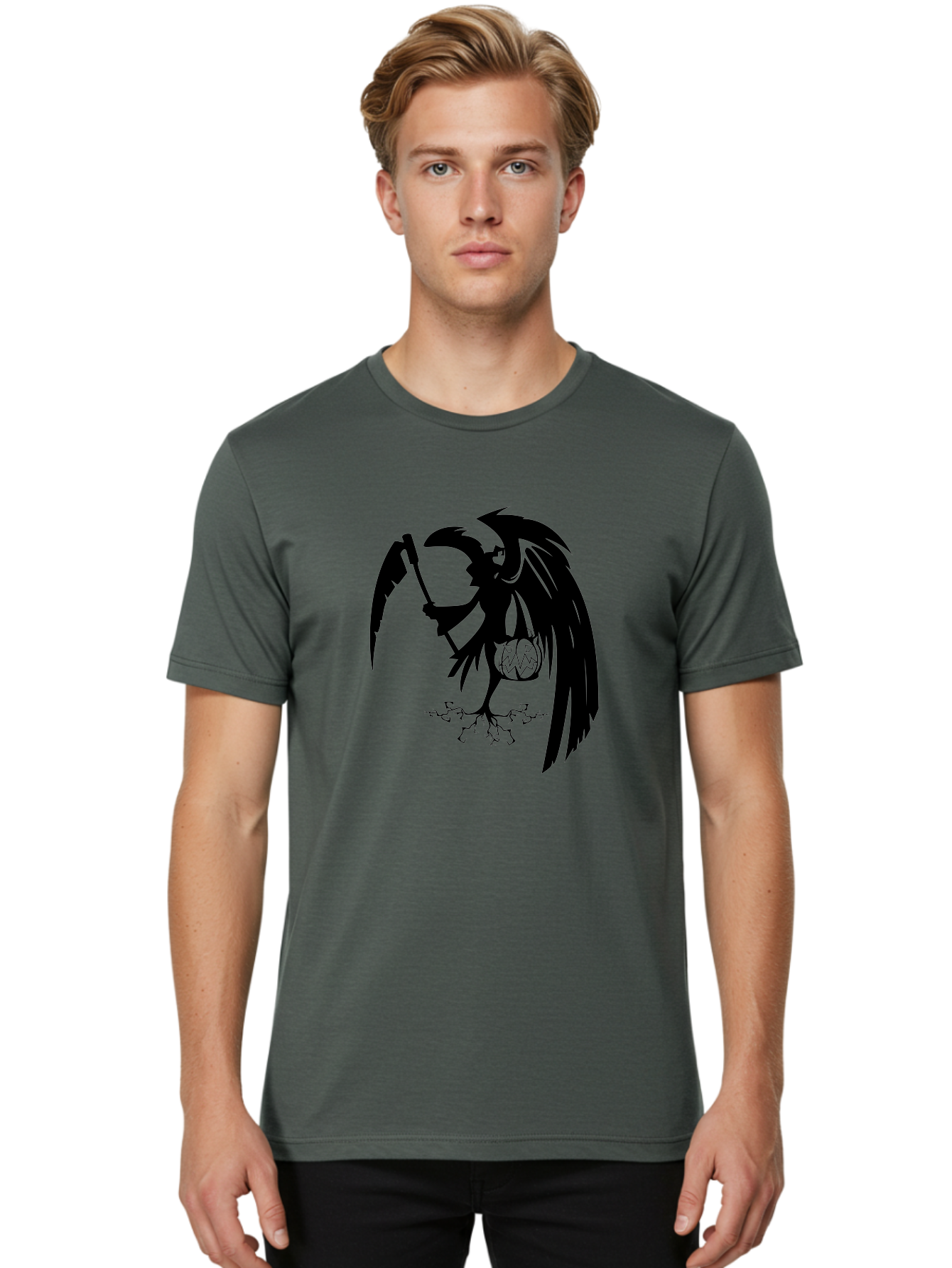 Crow-Grim-Reaper Men'S Graphic Tee, 100% Cotton, Comfortable Casual Summer Wear, Machine Washable, Bird With Scythe, Surreal Imagery, Abstract Art, Dark Symbolism, Mysterious Creature, Winged Figure, Eerie Atmosphere, Fantasy Illustration Aab210 4