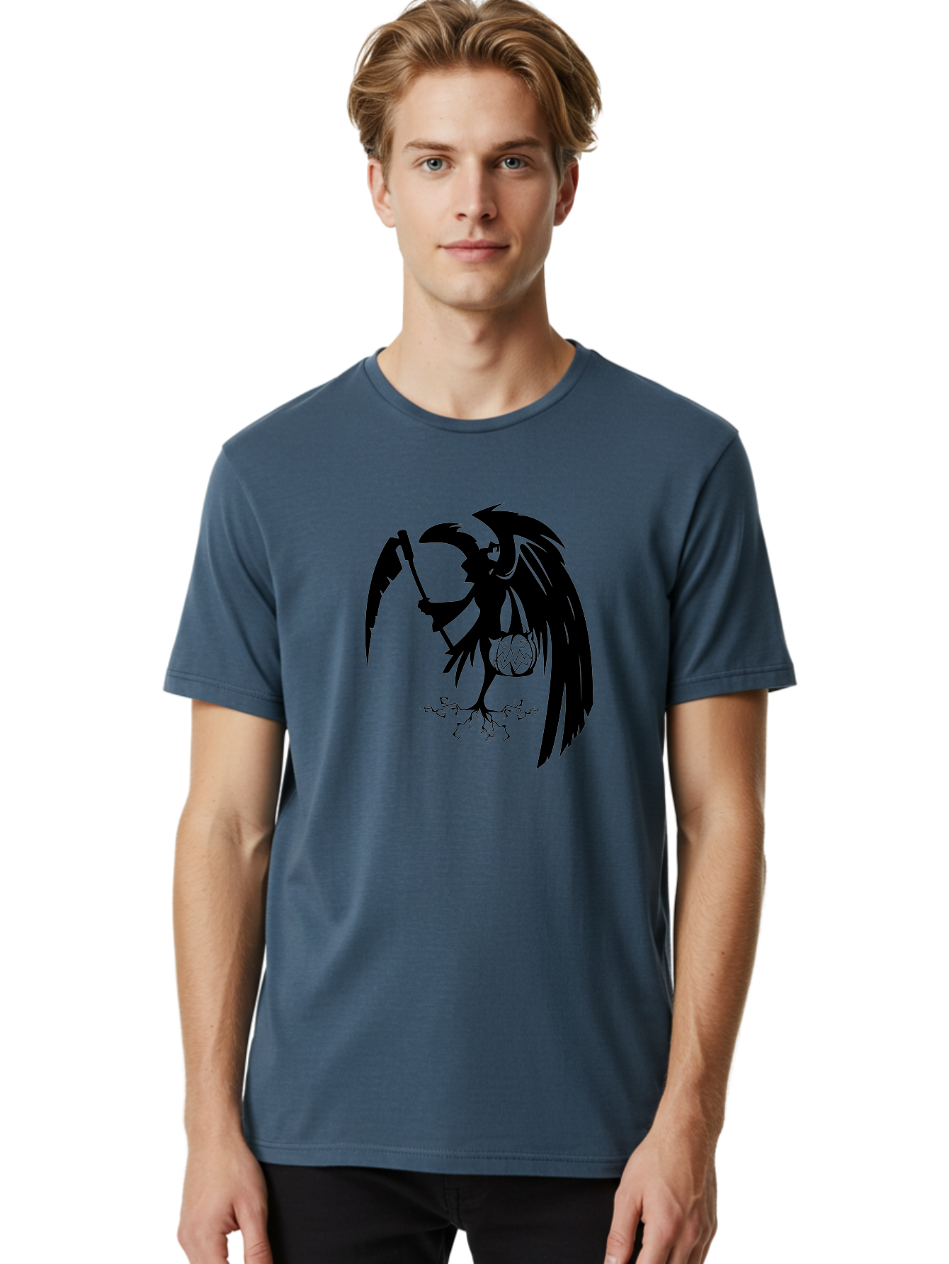 Crow-Grim-Reaper Men'S Graphic Tee, 100% Cotton, Comfortable Casual Summer Wear, Machine Washable, Bird With Scythe, Surreal Imagery, Abstract Art, Dark Symbolism, Mysterious Creature, Winged Figure, Eerie Atmosphere, Fantasy Illustration Aab210 16
